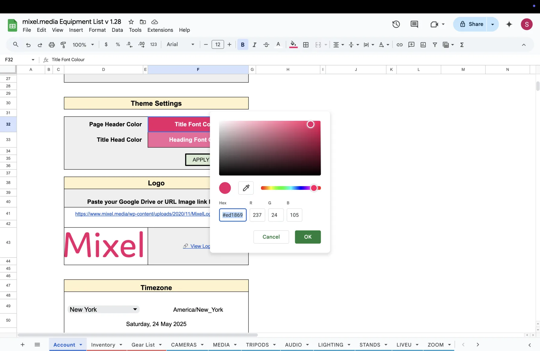 The spreadsheet Account tab showing Theme Settings with page header and title font colour cells, a Logo section holding a pasted image URL, and a Timezone dropdown.