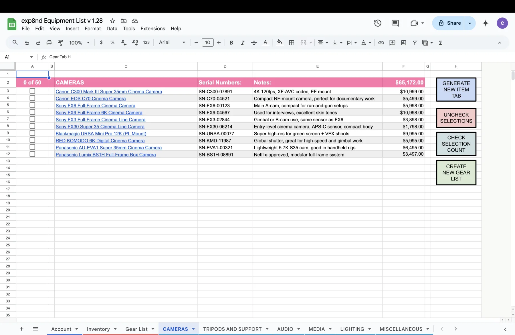 The CAMERAS equipment tab in the spreadsheet, showing ten cameras with serials, notes and prices, a running total, and the Generate New Item Tab, Uncheck Selections, Check Selection Count and Create New Gear List buttons.