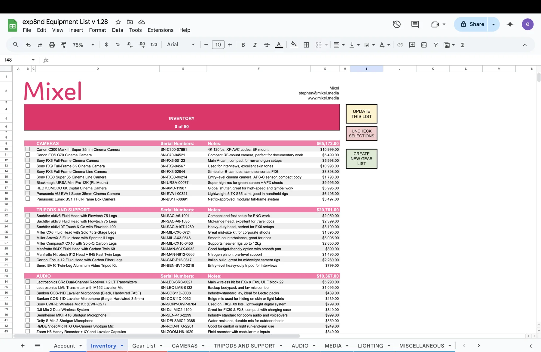 The spreadsheet Inventory tab: pink category header bands for CAMERAS, TRIPODS AND SUPPORT and AUDIO, each row a checkbox, item name, serial number, note and price.