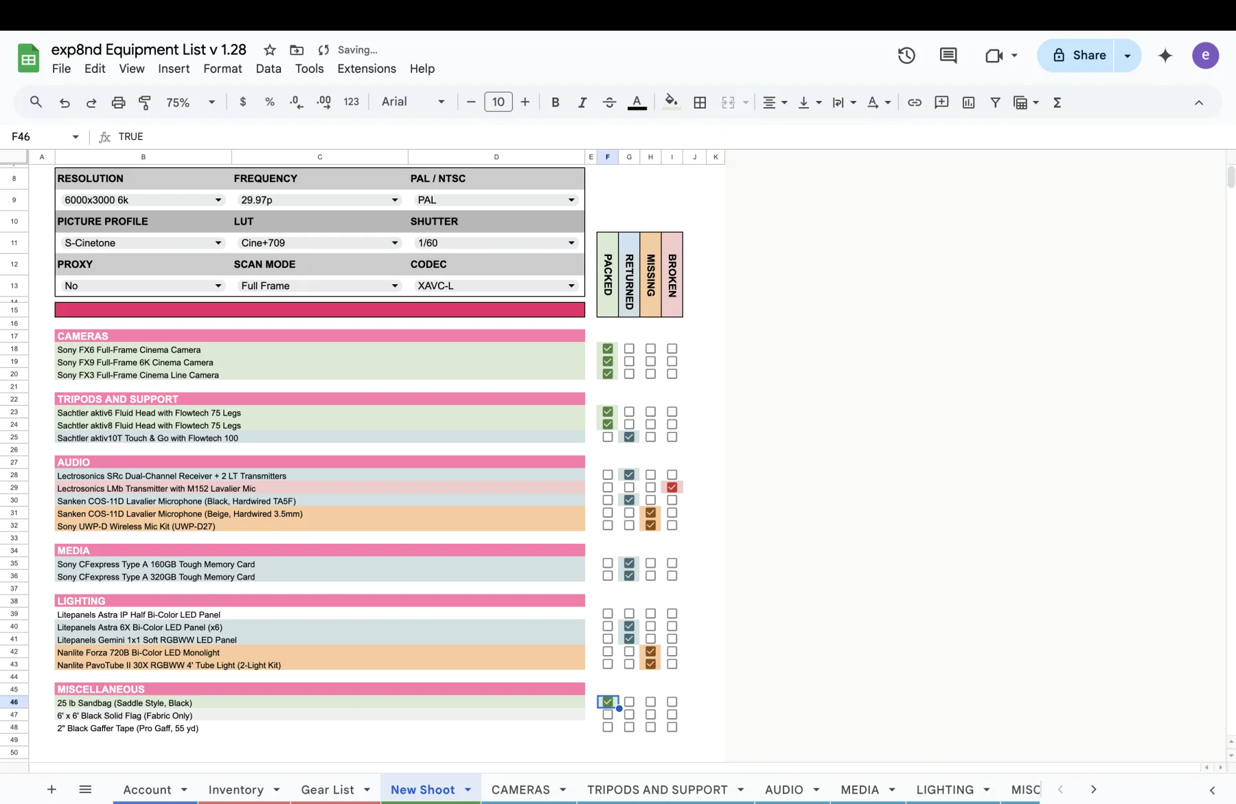 A saved shoot tab in the spreadsheet with camera settings across the top and every item colour-coded by its packed, returned, missing or broken checkbox.