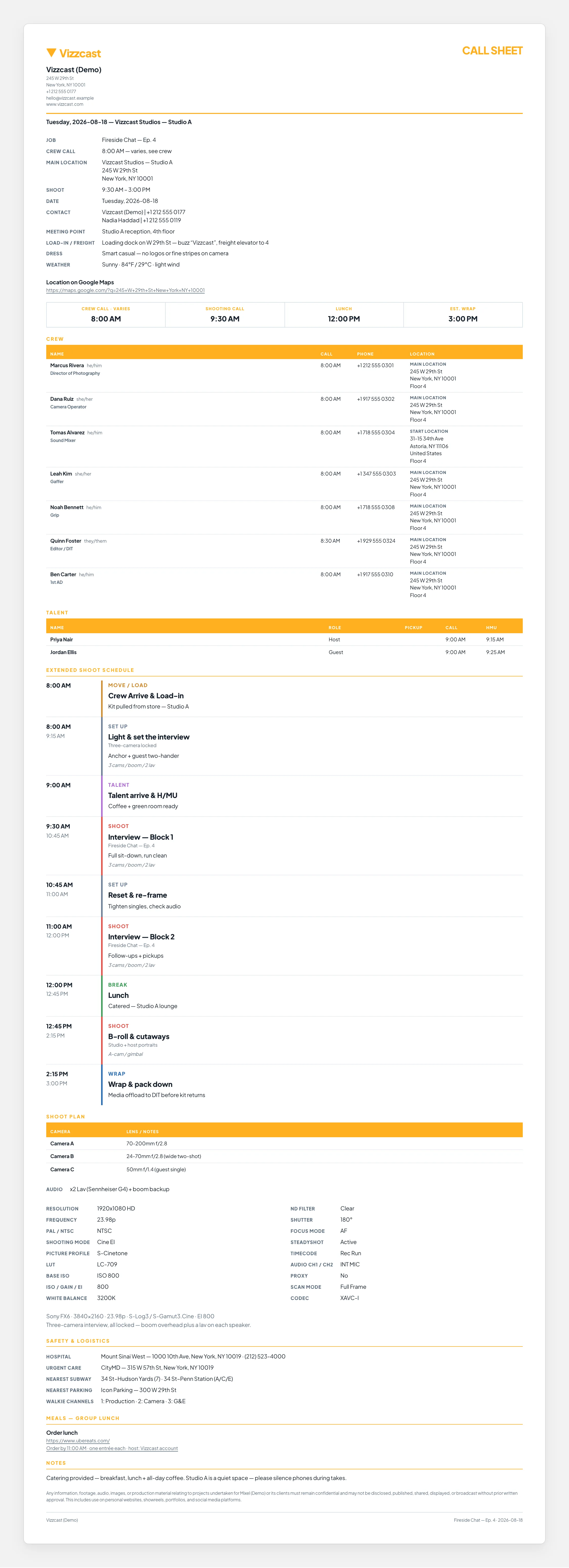 The finished branded call sheet — the production, venue, address and key call times at the top, then the crew and talent tables and the shoot schedule, then the rest of the day with safety notes and meals