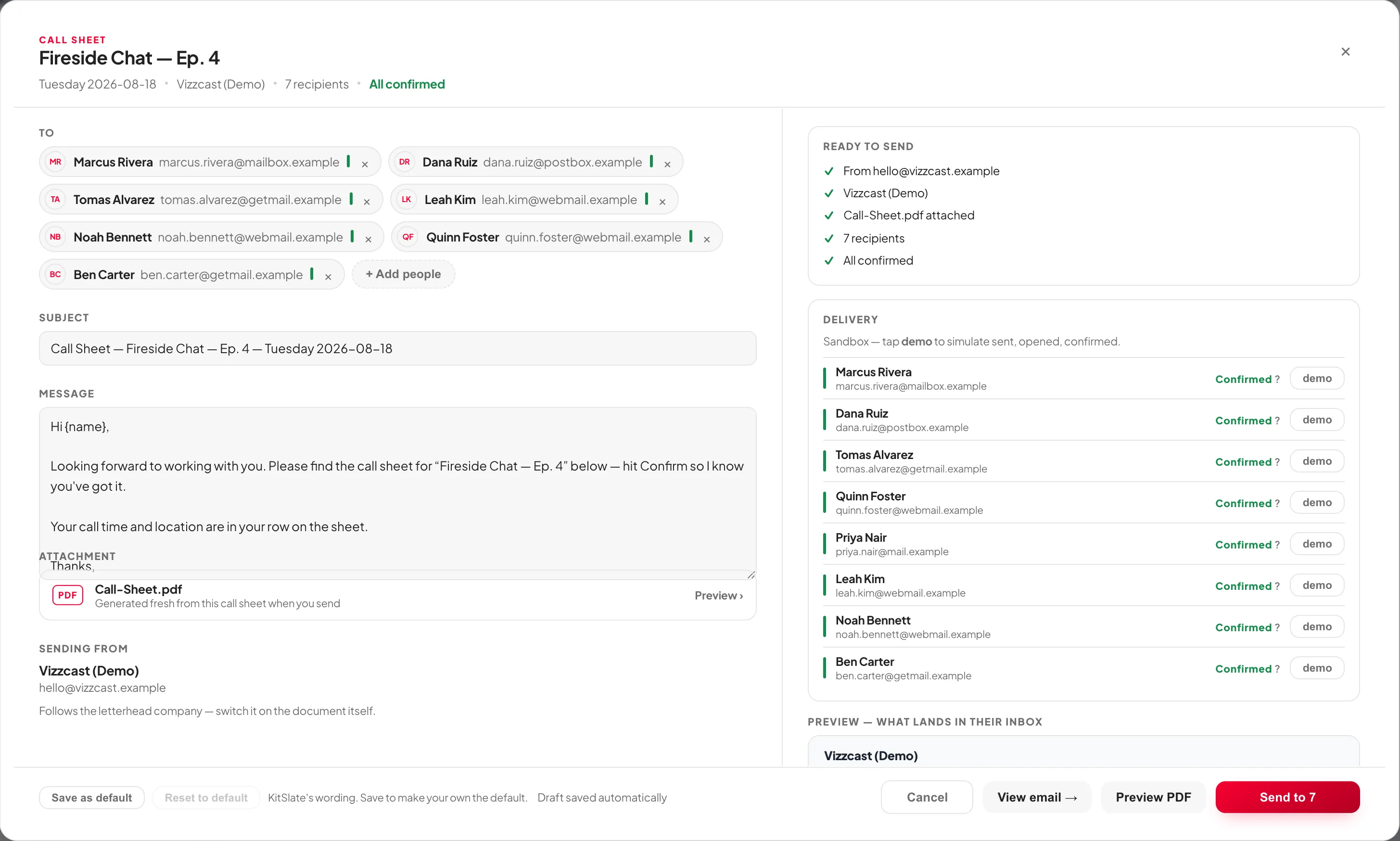 The send window — every crew member as an individual recipient, the subject and message, the PDF attached, the sending company, per-recipient delivery states, and a live preview of what lands in their inbox
