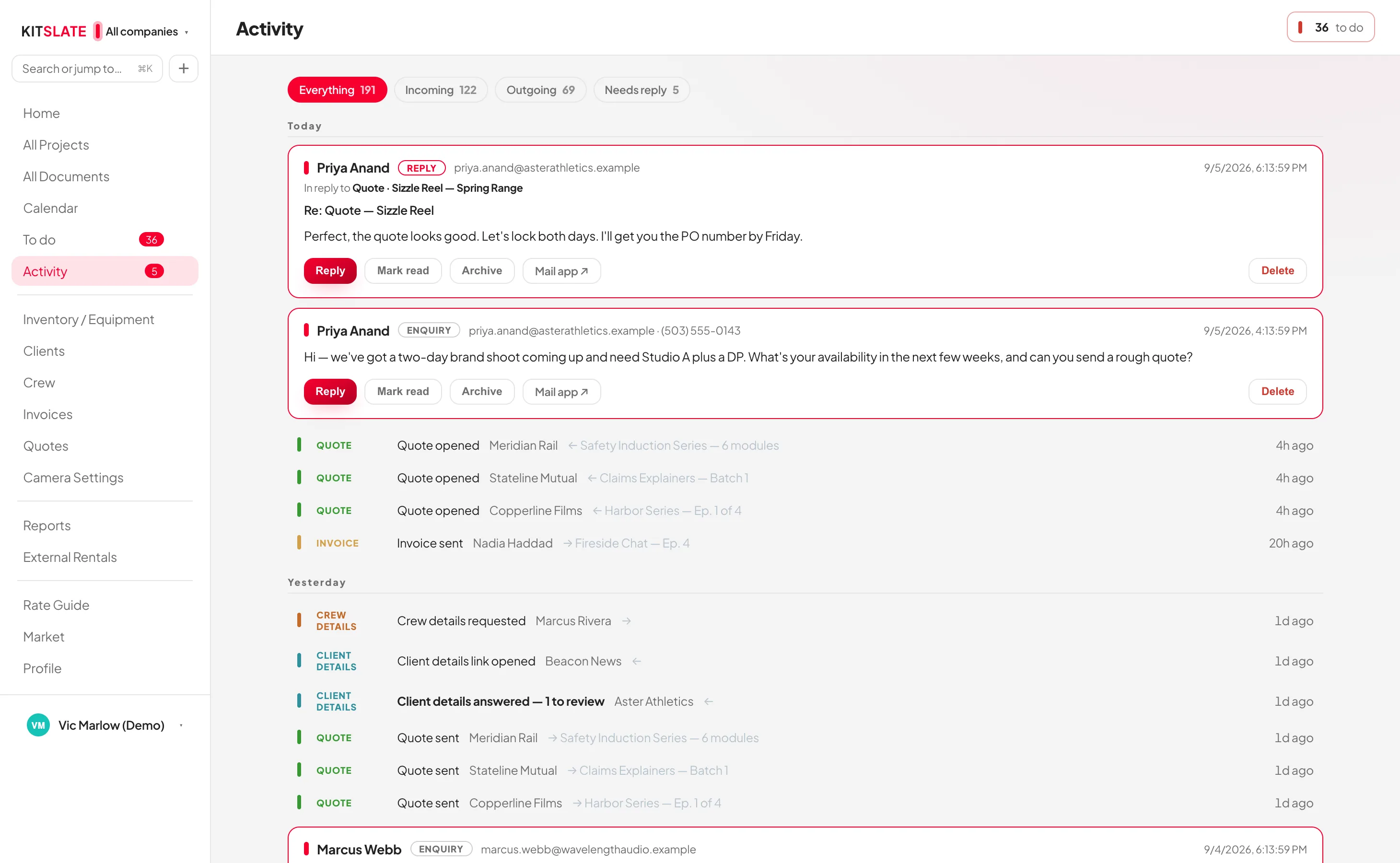 The Activity feed — enquiries and replies alongside every document sent, filterable to everything, incoming, outgoing or needs reply, with per-recipient opened and confirmed status
