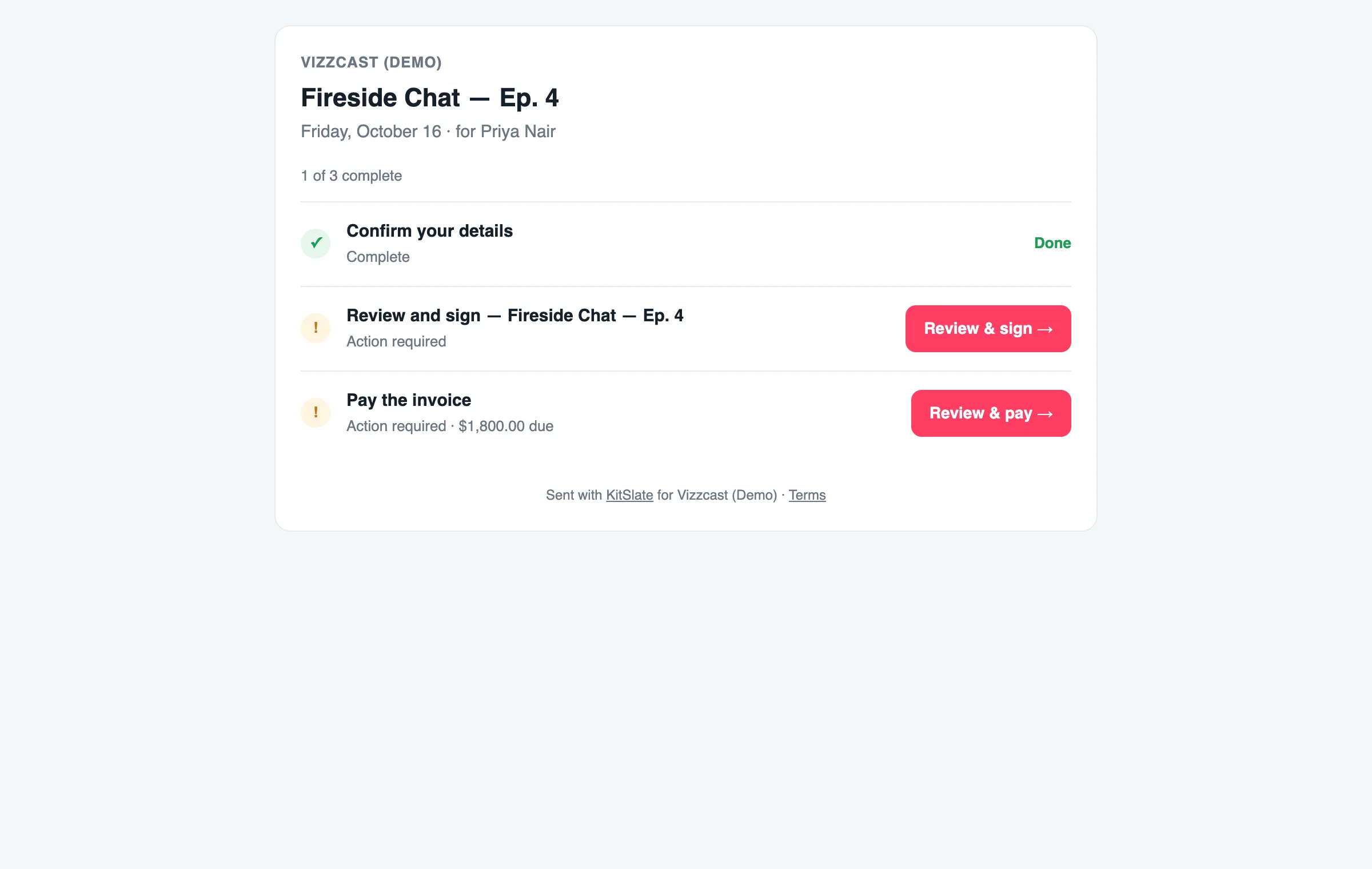 The recipient's page: the production and date, 1 of 3 complete, then three rows — confirm your details marked Done, review and sign with a Review & sign button, pay the invoice with the amount due and a Review & pay button