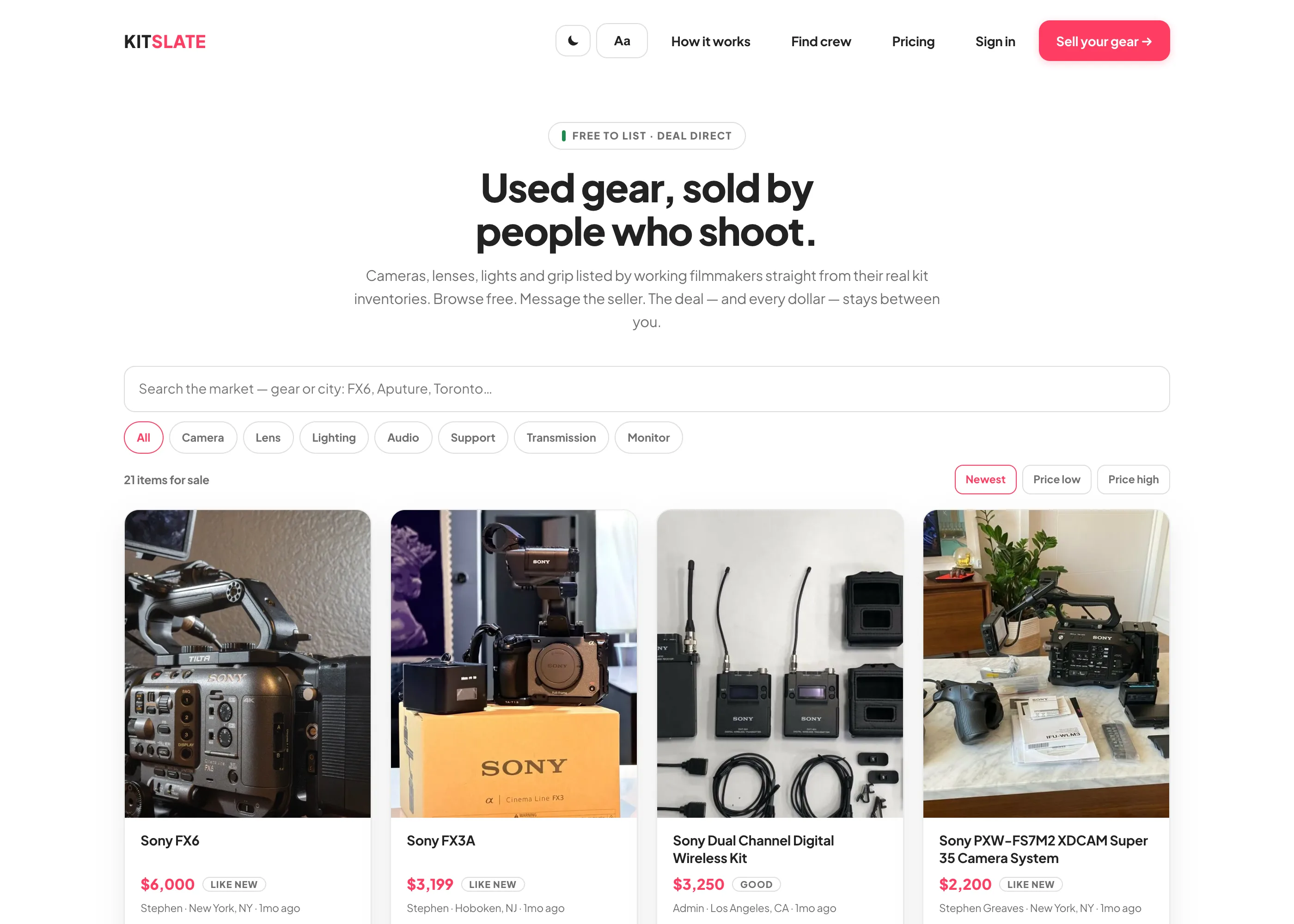 The KitSlate market — a grid of used camera, lens and lighting listings with prices, condition and city, from working filmmakers
