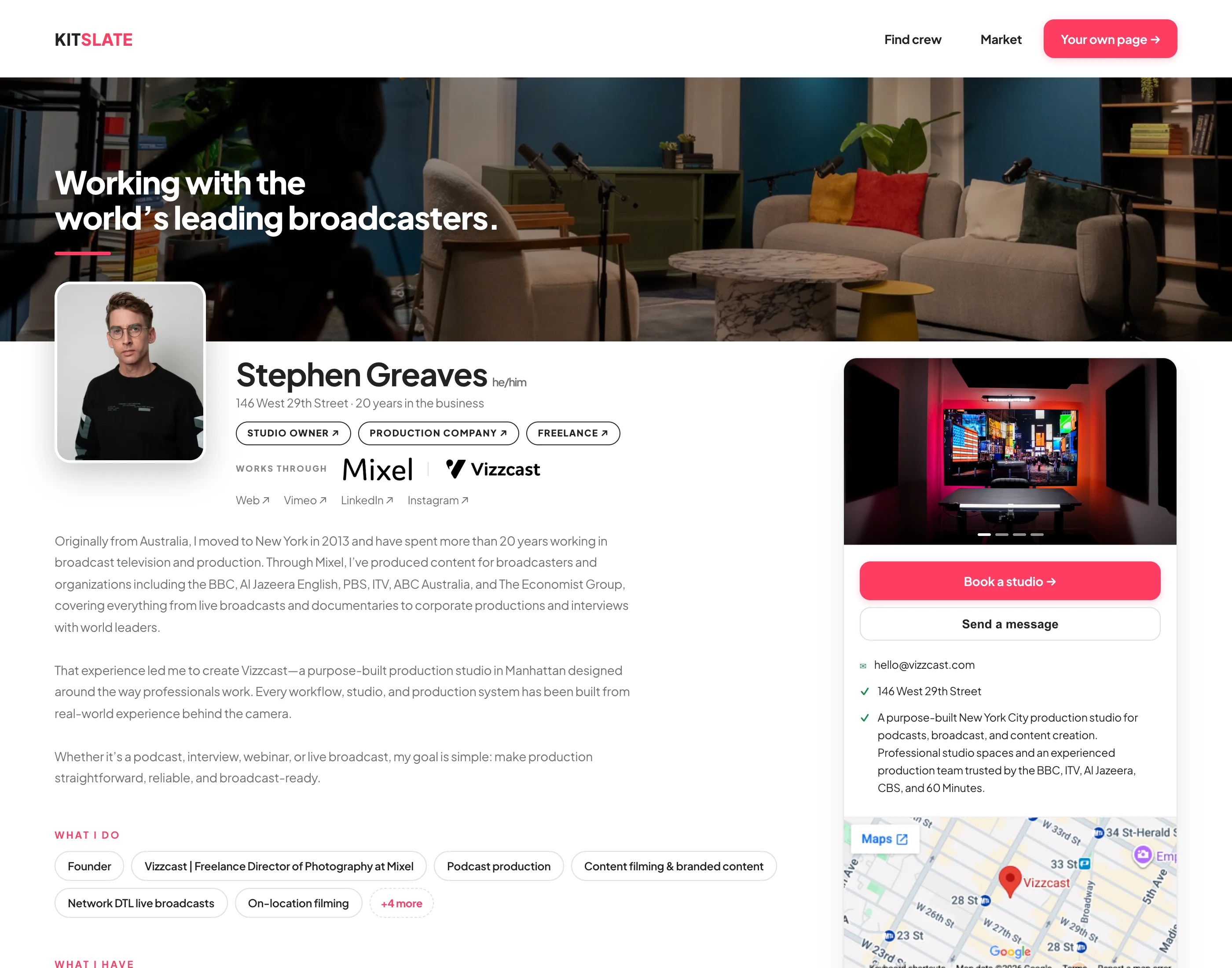 A published KitSlate member page — portrait, name and roles, the what-I-do chips, contact card with a map, and kit for hire
