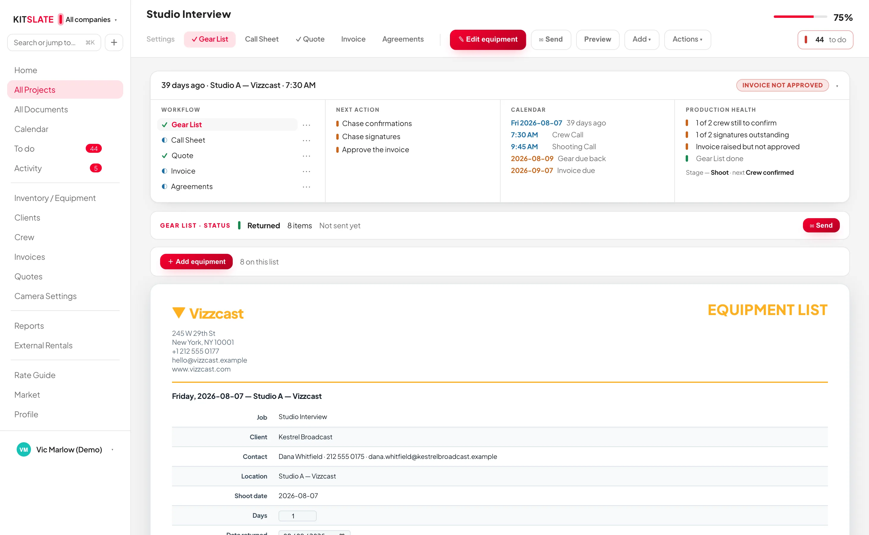 One production open in KitSlate — the five-document workflow down the left with each document's real state, the next actions, the day's call times on the calendar, production health, and a checklist where every line links to the thing it names