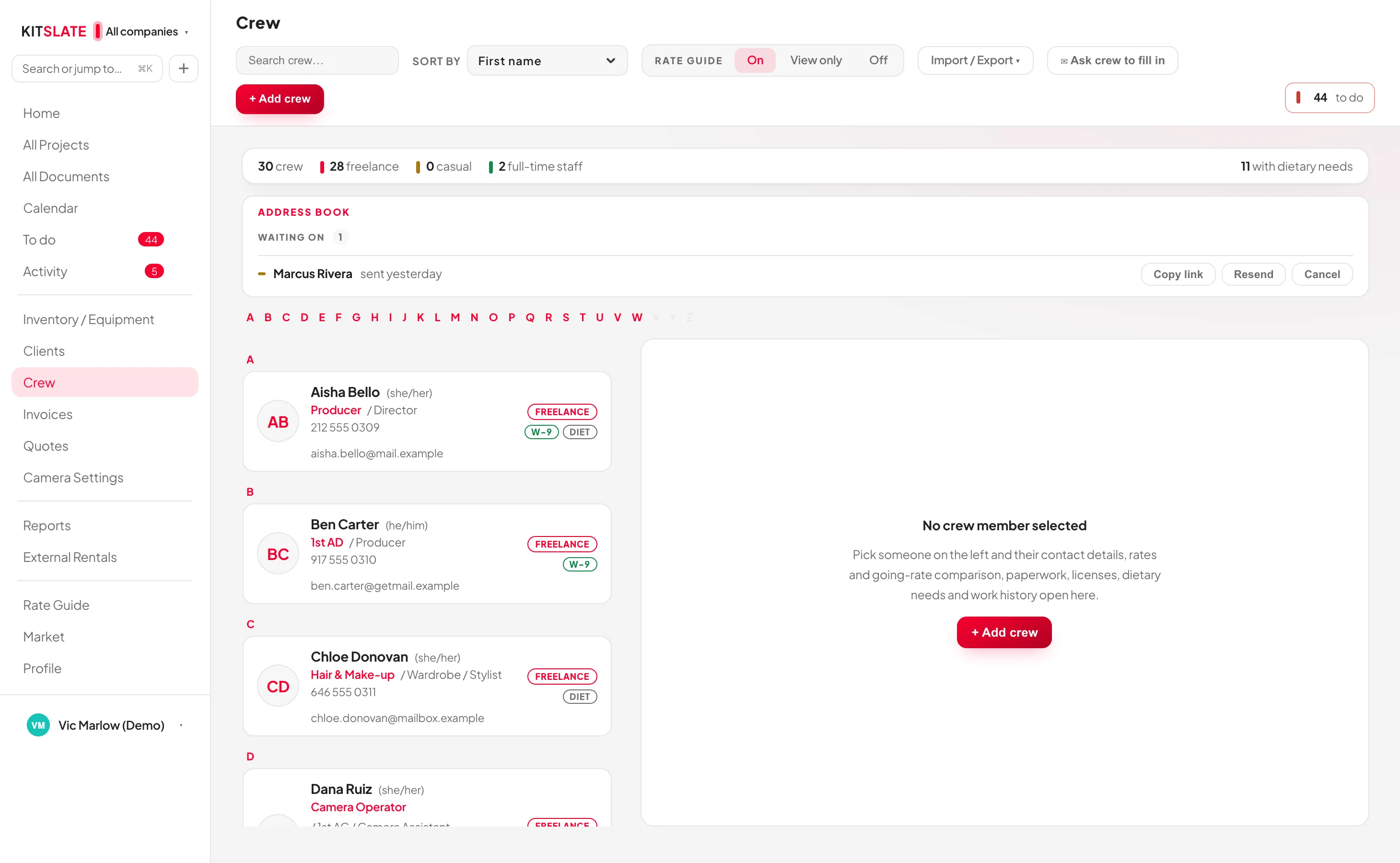 The KitSlate crew page — the list of people on the left with roles, employment and markers, and the selected person's profile on the right