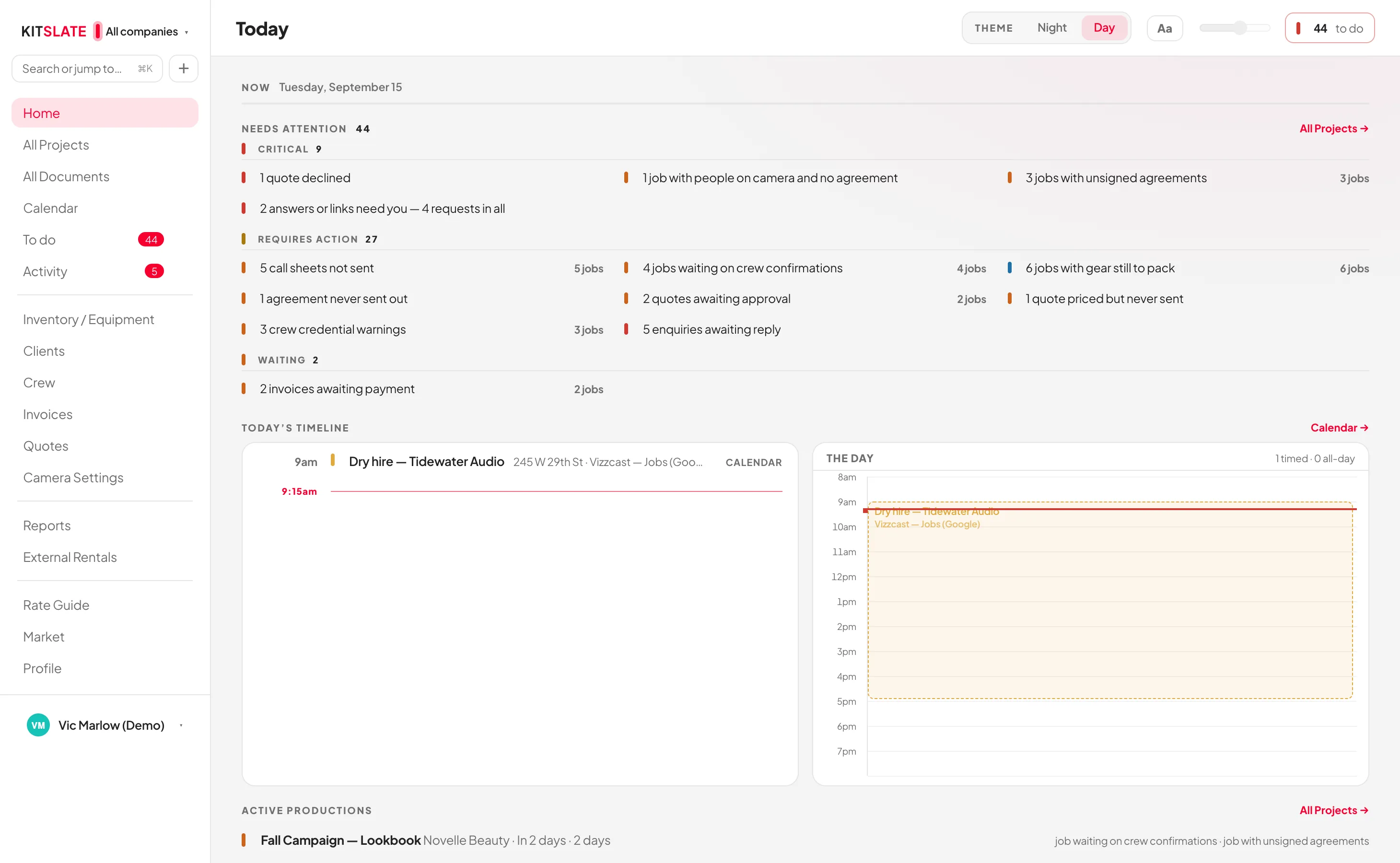 The Today dashboard — operations, inventory and communications counts across the top, an attention list grouped into critical, requires action and waiting, and the day's timeline with call times beside an hour-by-hour view of the day