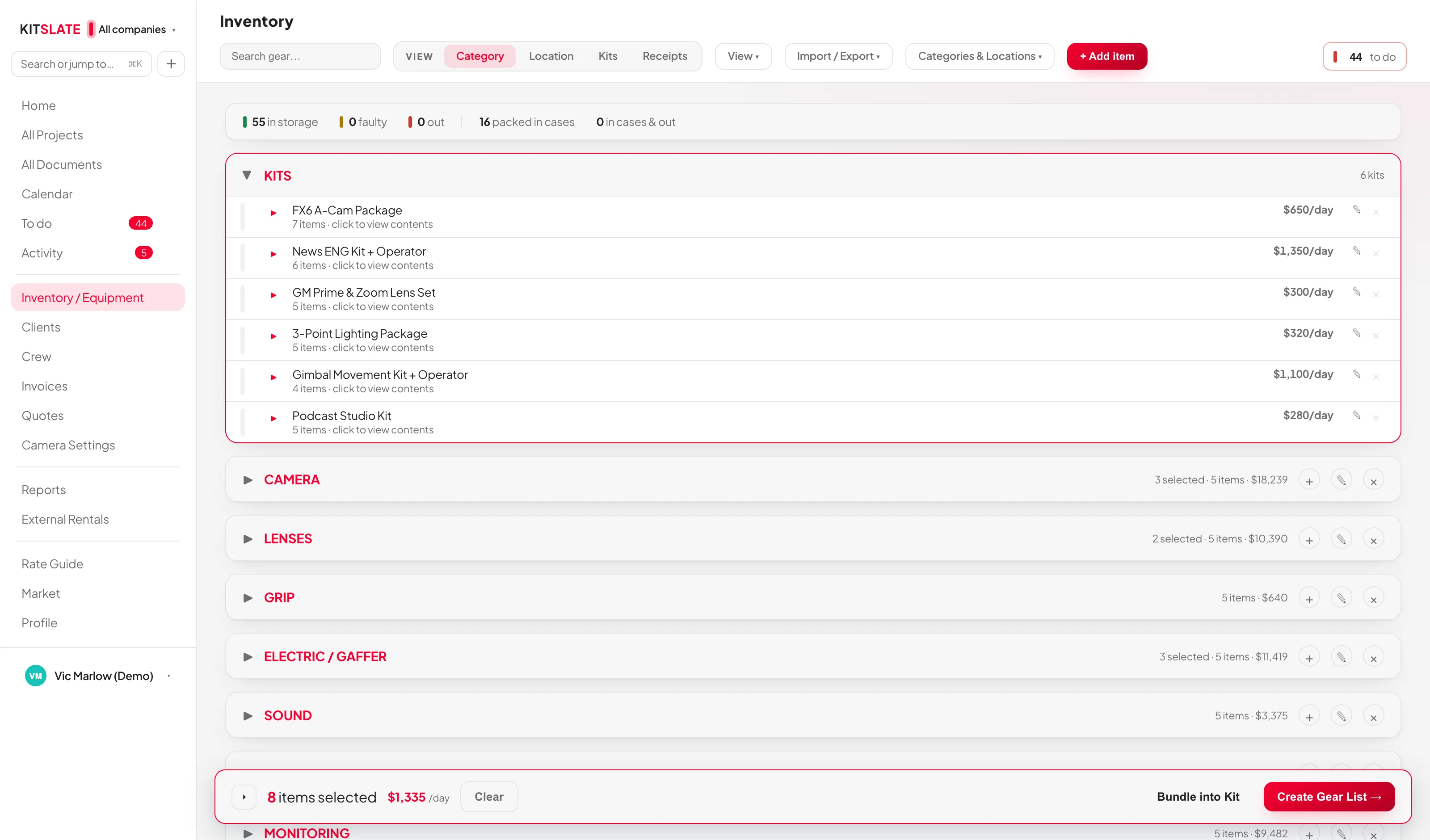 The KitSlate inventory — kits at the top, then categories of equipment, each row with its rates and a status bar