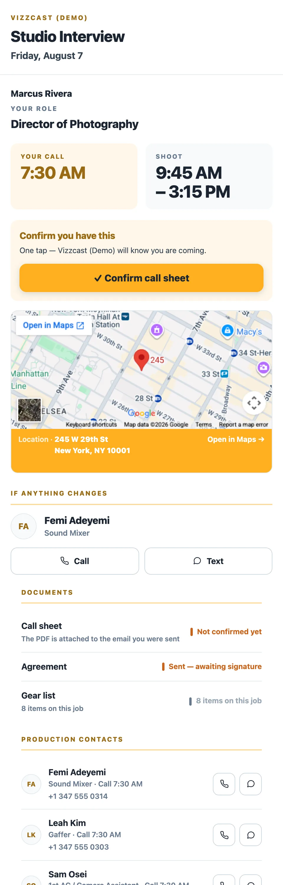 A recipient's production brief on a phone — their role and call time, then a Confirm you have this bar with a Confirm call sheet button, then the location, contacts and their schedule