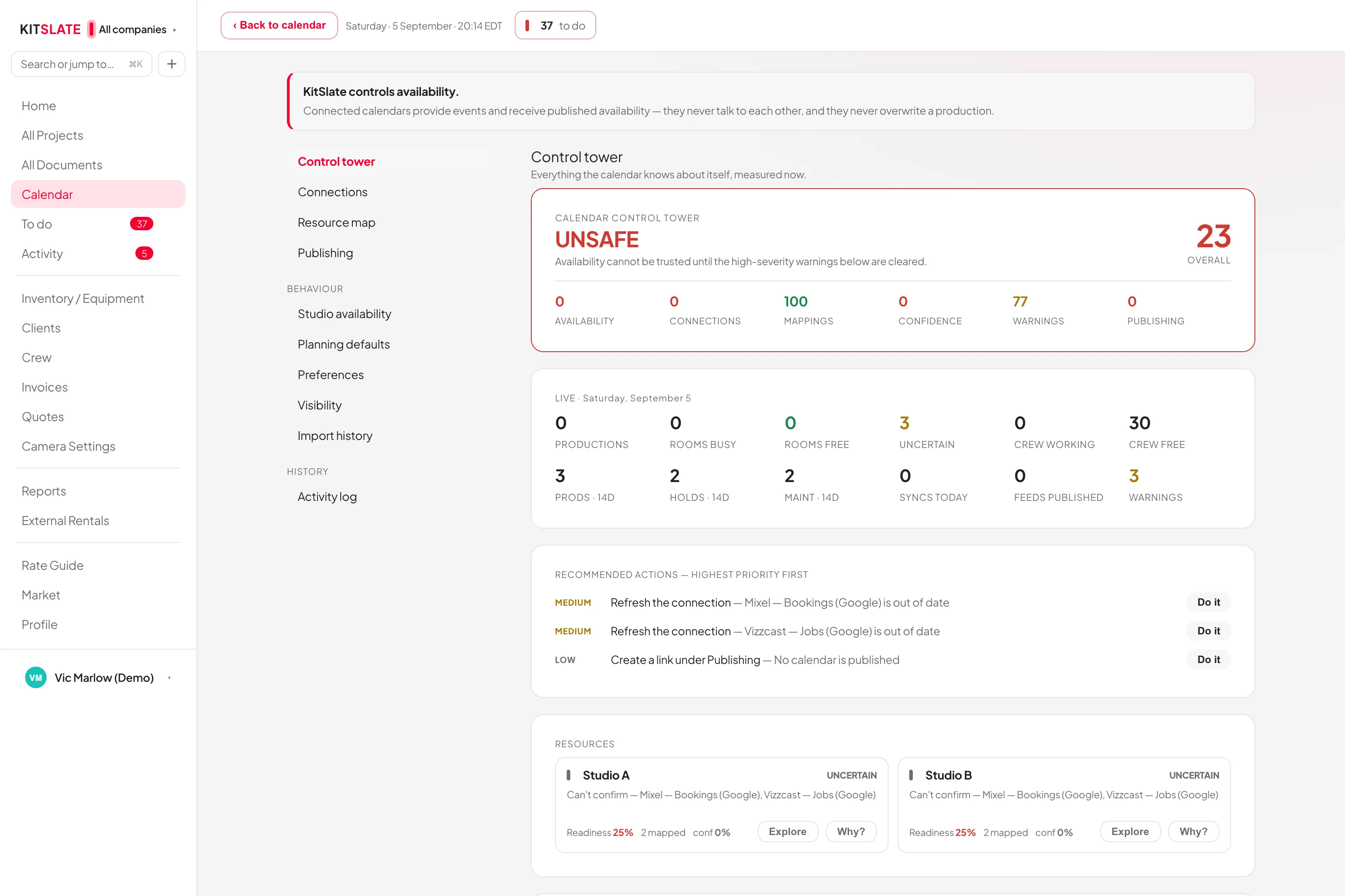 The calendar control tower — connected calendars, their health and what each one blocks