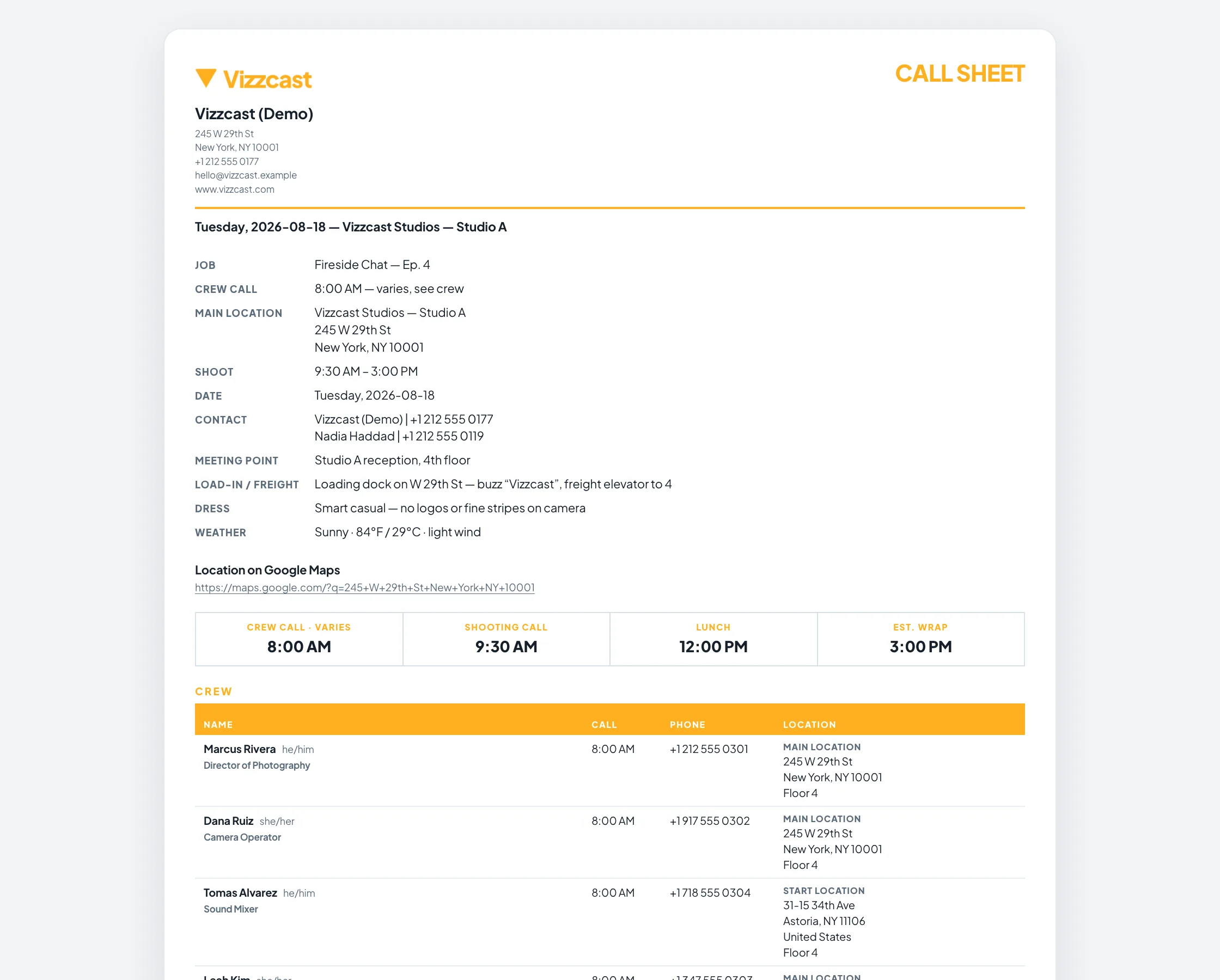 The call sheet as the crew member receives it: the shoot date and venue, the address, freight elevator and meeting point, the on-set contacts, dress and weather, then crew call, shooting call, lunch and estimated wrap, and a crew table listing every person with their role, phone number, call time and location
