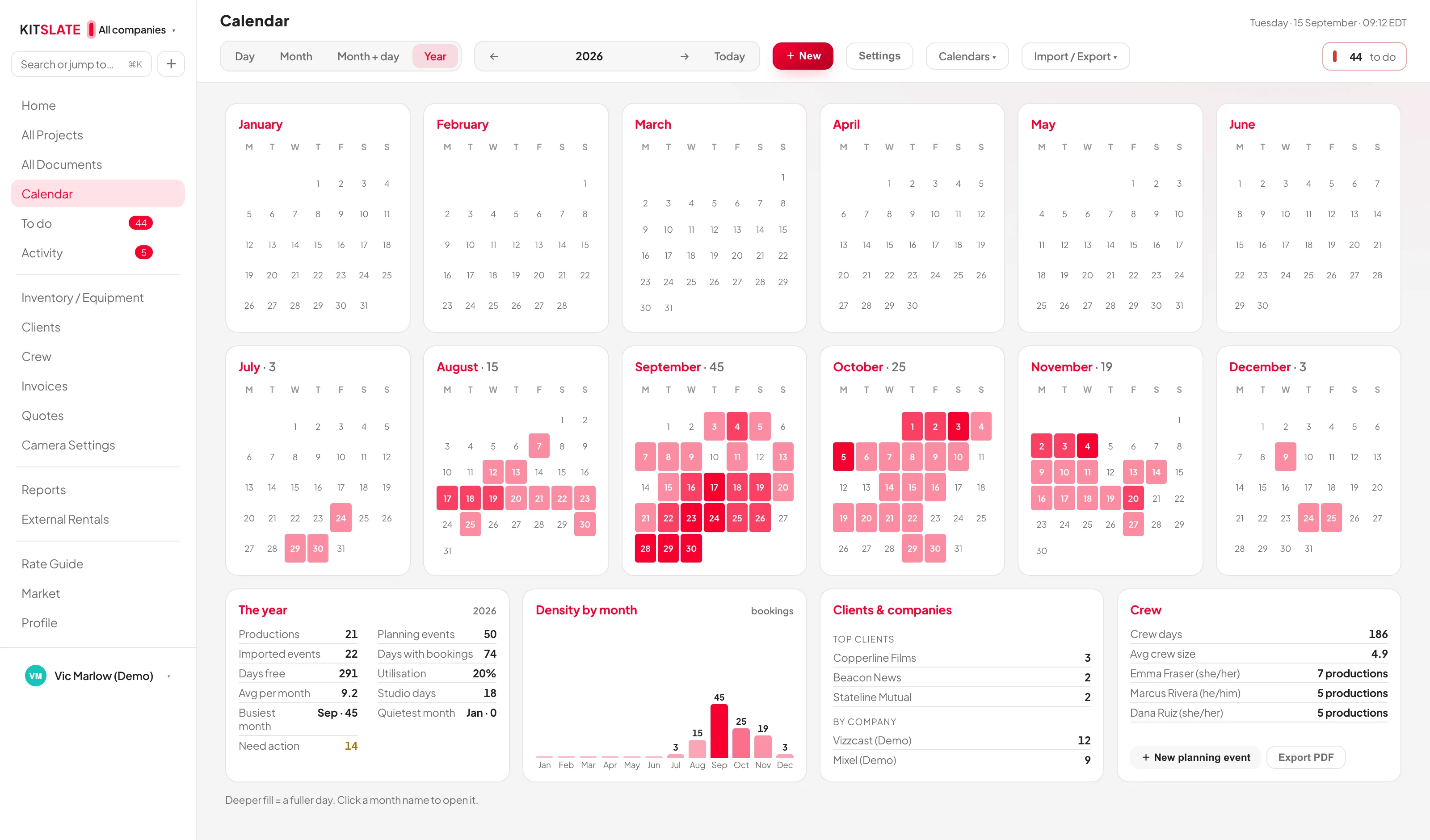 The KitSlate year view: twelve months at once with booked days shaded, showing the shape of a whole trading year