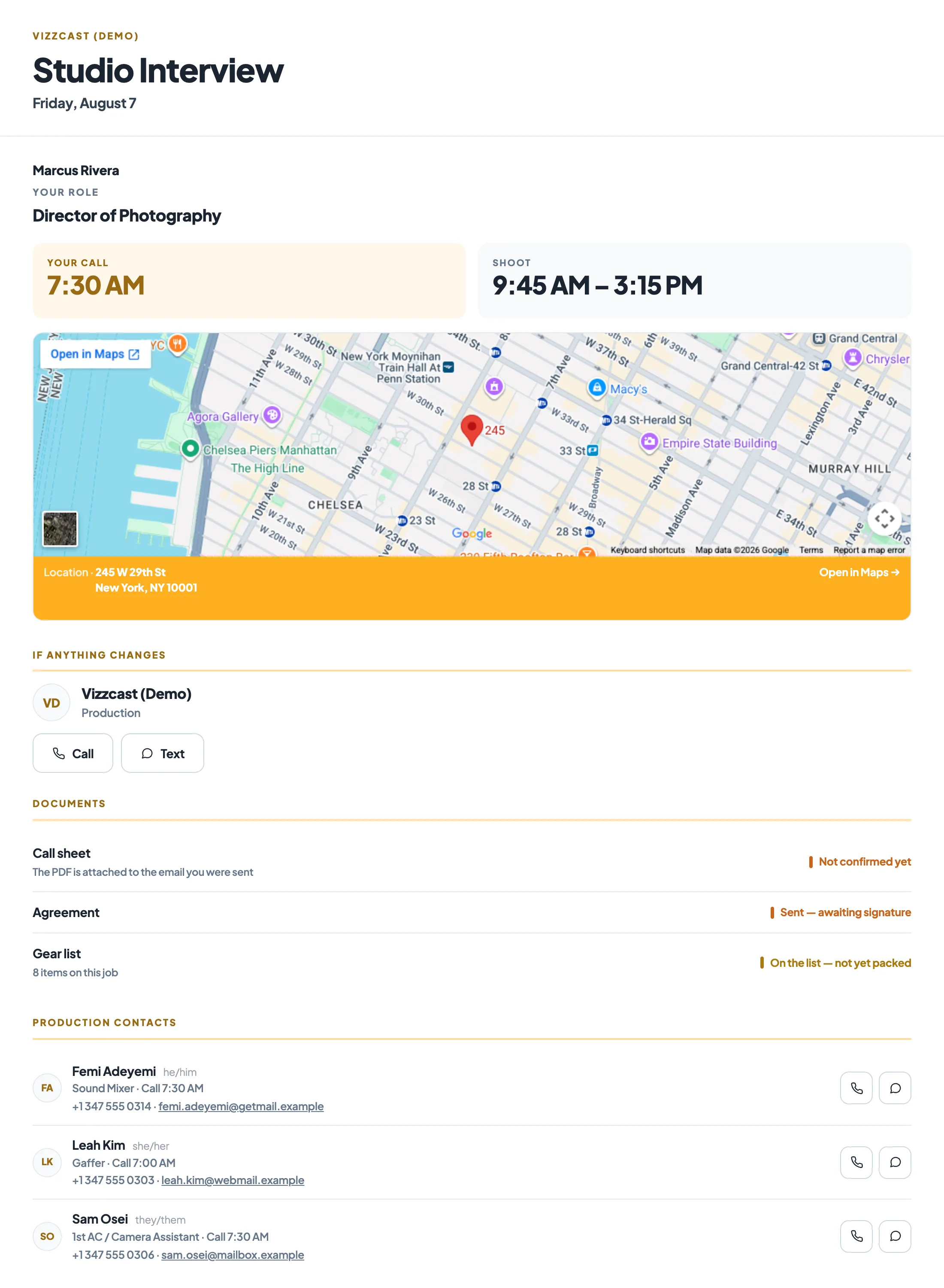 The same call sheet as the recipient's own page on a laptop: the production and date, their role and call time, the location with a maps link, who to call if anything changes, and their schedule