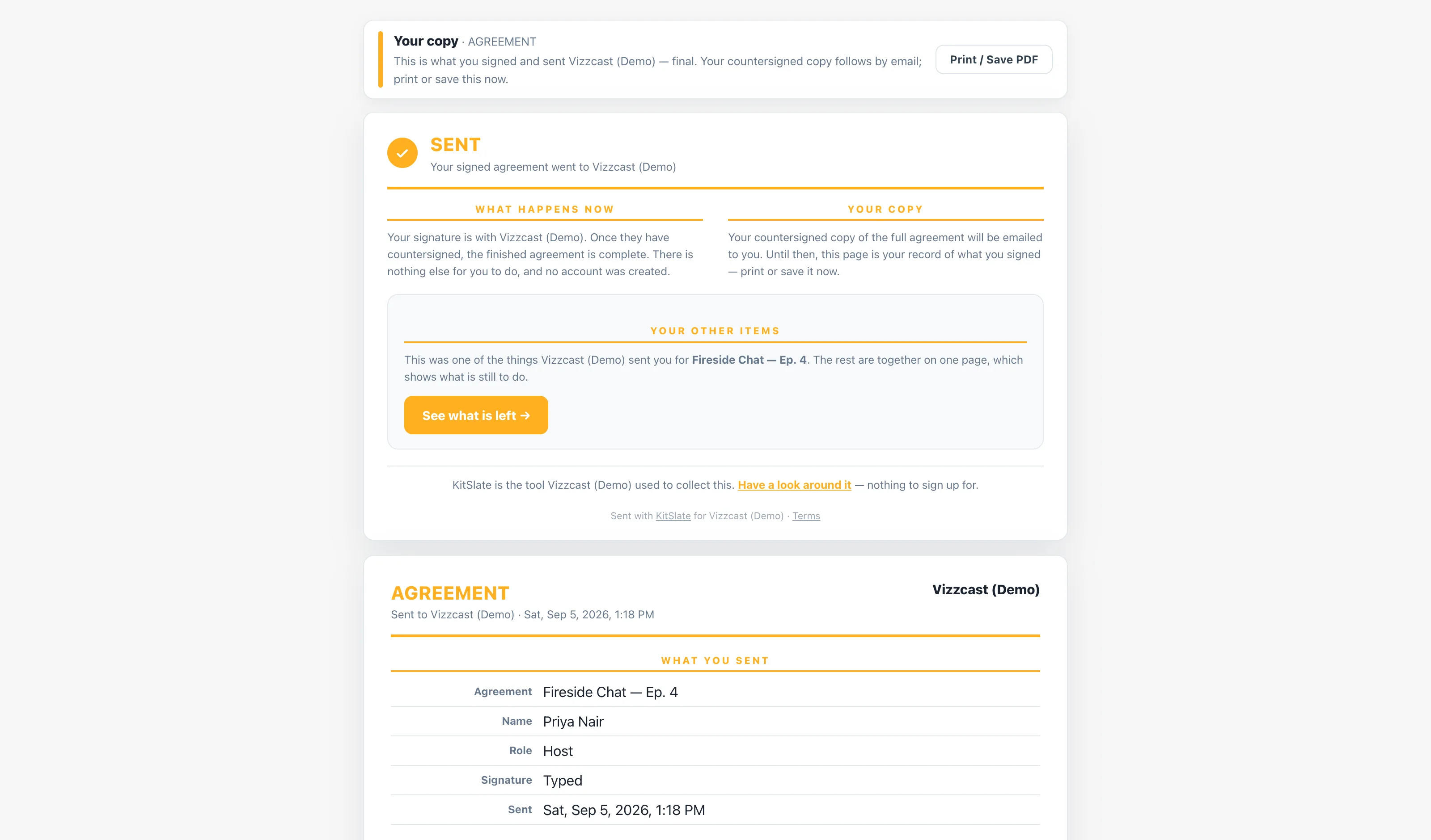 A signer's receipt: a Your copy banner with a Print / Save PDF button, a SENT card saying the signed agreement went to the company with What happens now and Your copy columns, a Your other items panel with a See what is left button, and the complete agreement as sent beneath