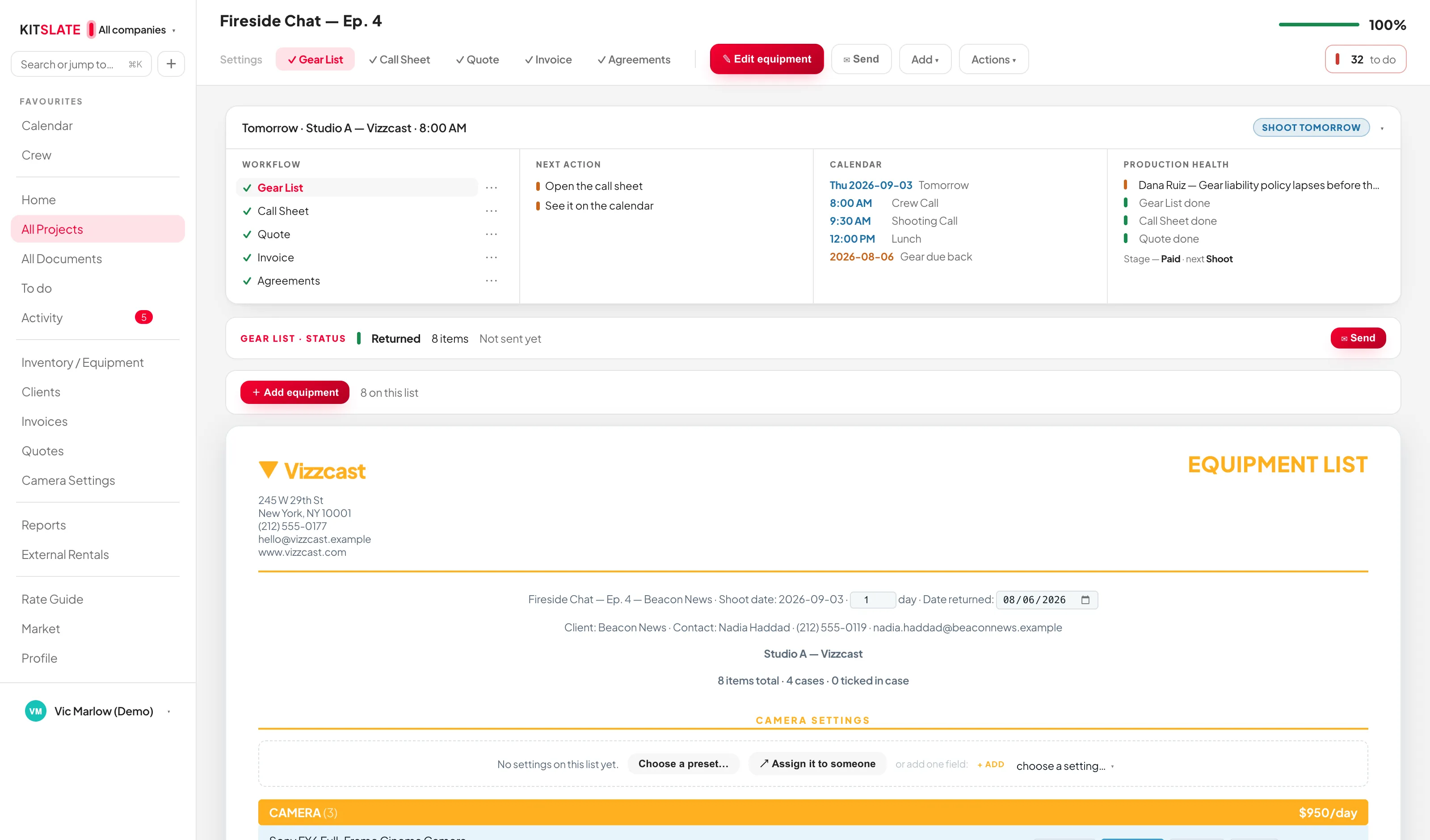 An open production showing the document toolbar and, beneath it, the full-width production header with its four cells: WORKFLOW, NEXT ACTION, CALENDAR and PRODUCTION HEALTH.