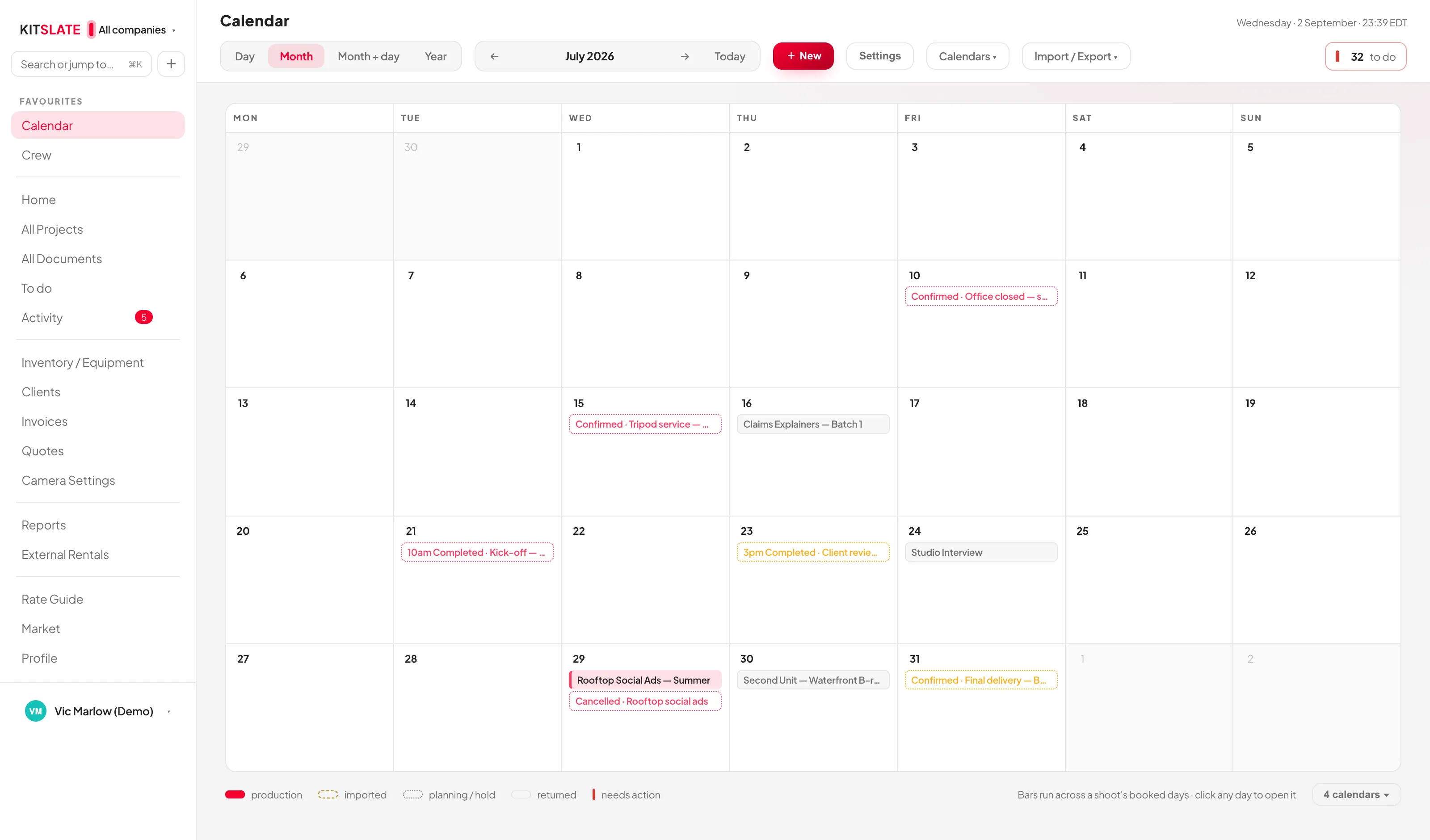 The Calendar month view with coloured bars spanning each booking's days, a company legend and imported-feed chips along the bottom.
