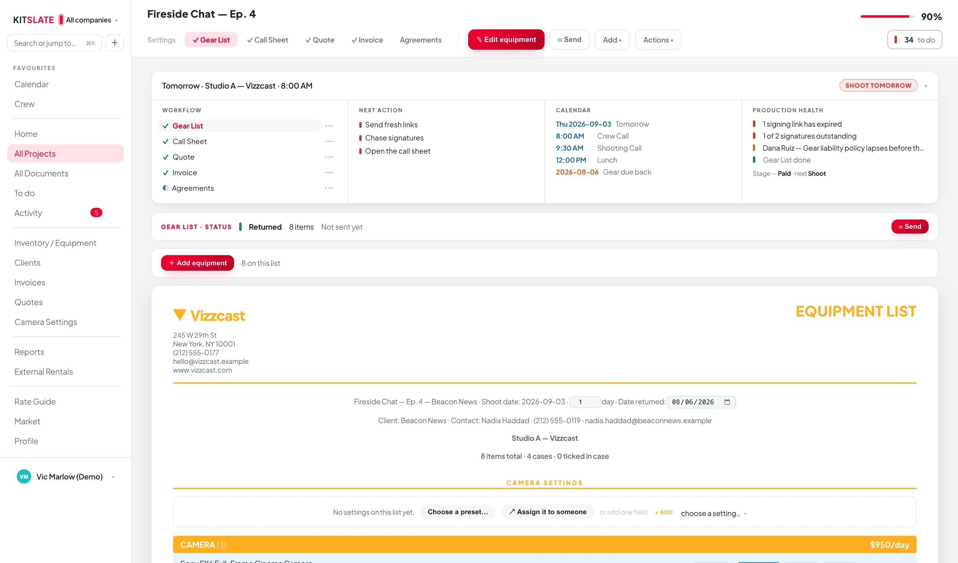 A job open on its Gear List, with tabs across the top for its Call Sheet, Quote, Invoice and Agreements. A header band shows the workflow, the next action, the shoot's calendar entries and its production health; the equipment list itself carries the company letterhead, camera settings and each item with In case, Returned, Missing and Faulty buttons beside its day rate.