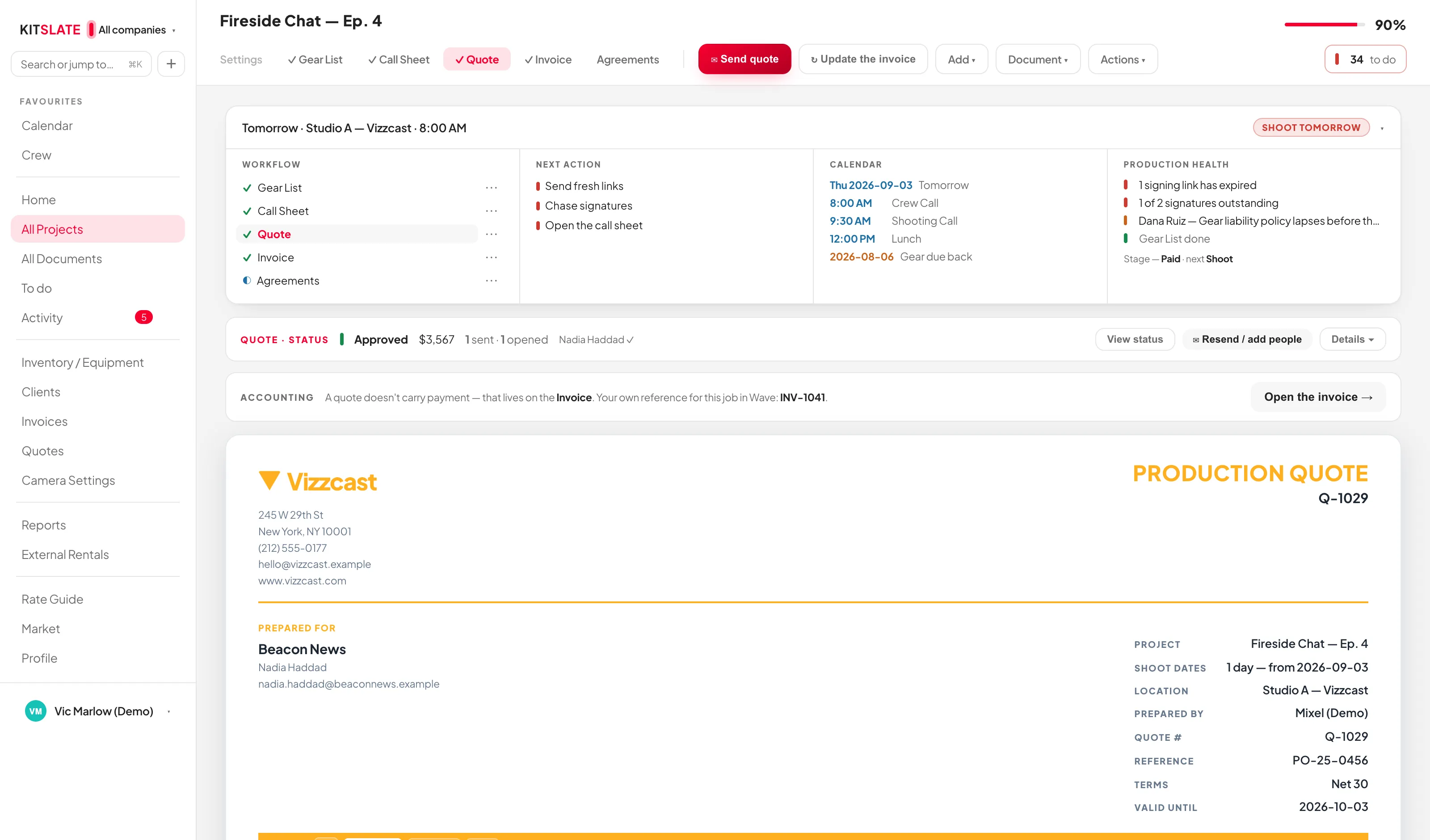 The KitSlate quote editor — studio, equipment, labour, misc and banking sections, each line with rate, quantity, days and total