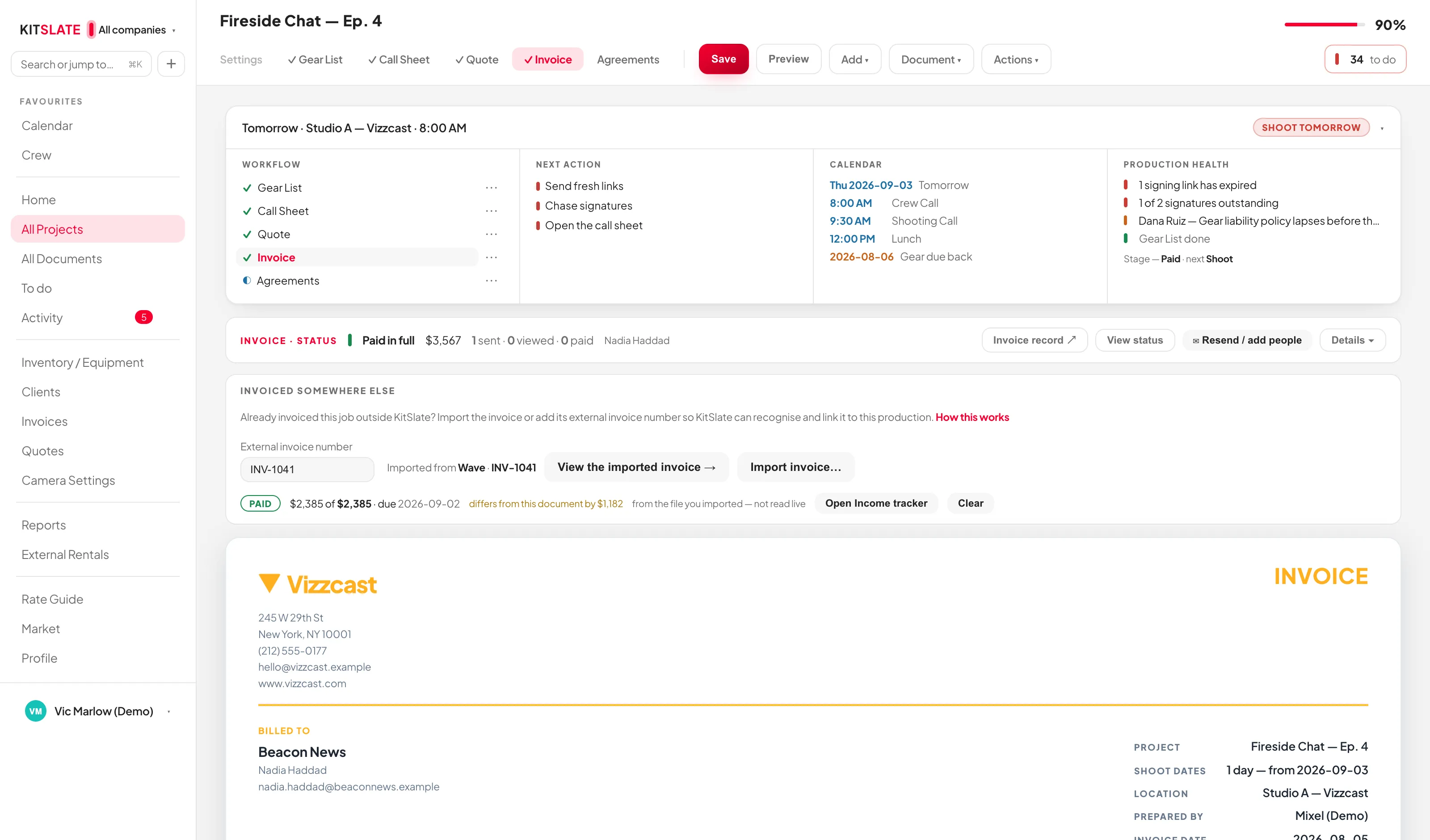 The Invoice page: the INVOICE · STATUS card reading Overdue with the outstanding balance and a red overdue due date, the ACCOUNTING REFERENCE strip holding an external Wave invoice number, and the invoice sheet below.