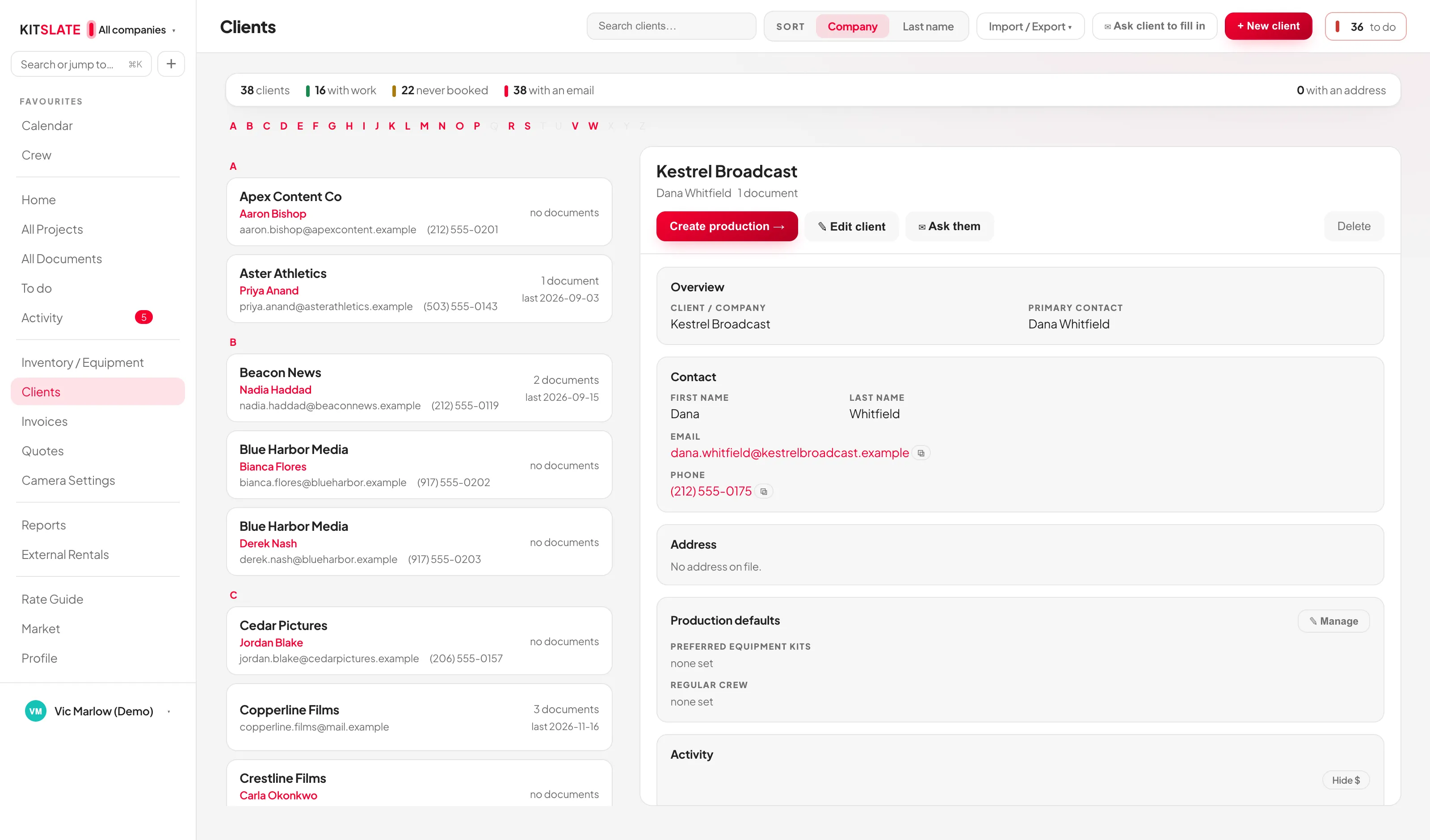 The Clients screen as a balanced two-pane address book: an alphabetical list of tall client tiles on the left, and on the right a full-width client record with a pinned header and cards for overview, contact, address, production defaults and activity.