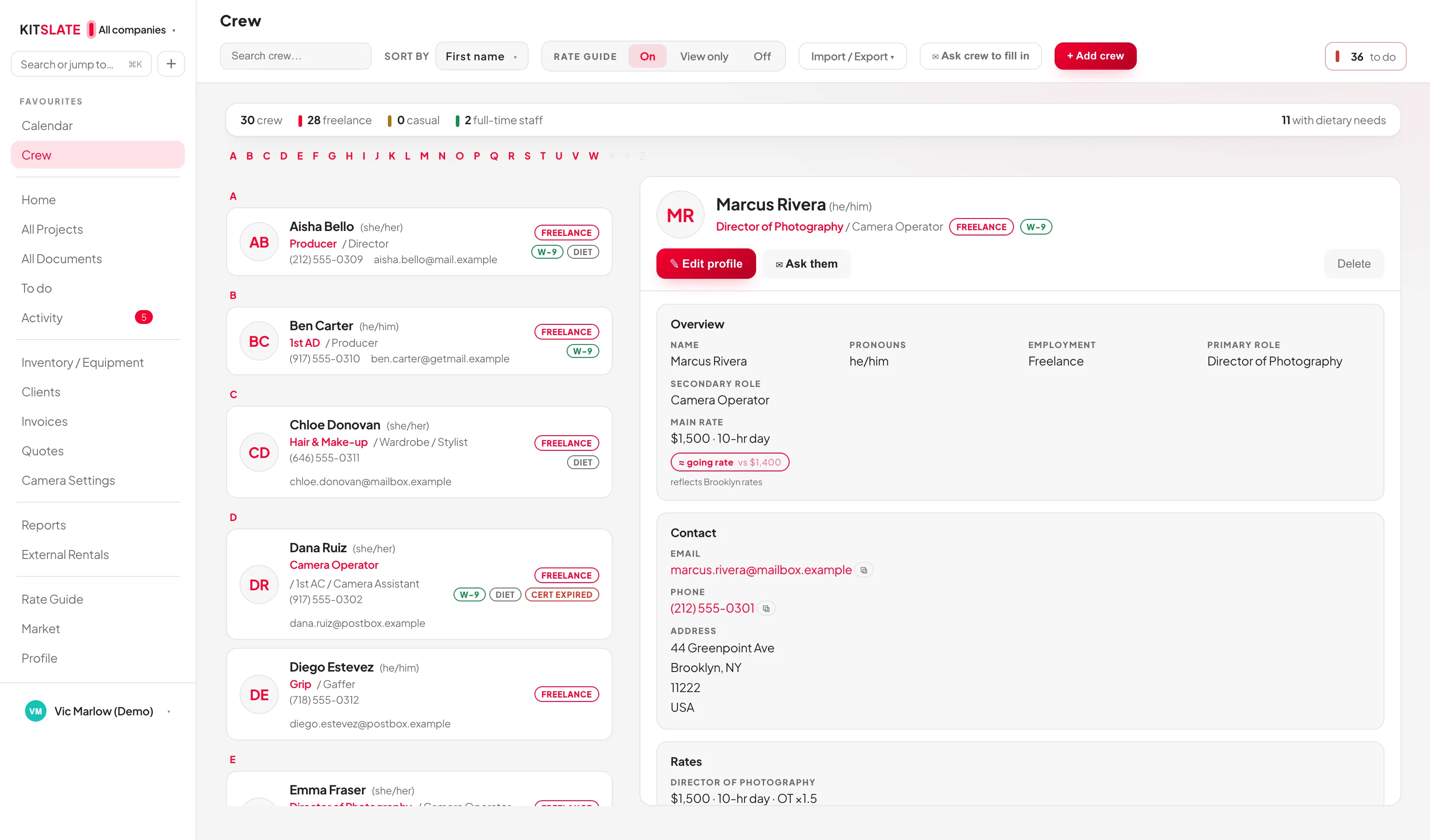 The Crew screen showing tall crew tiles with avatars, names, pronouns, primary and secondary roles, phone, email, employment badges and paperwork markers, beside a full-width crew profile with pinned header and sectioned cards.