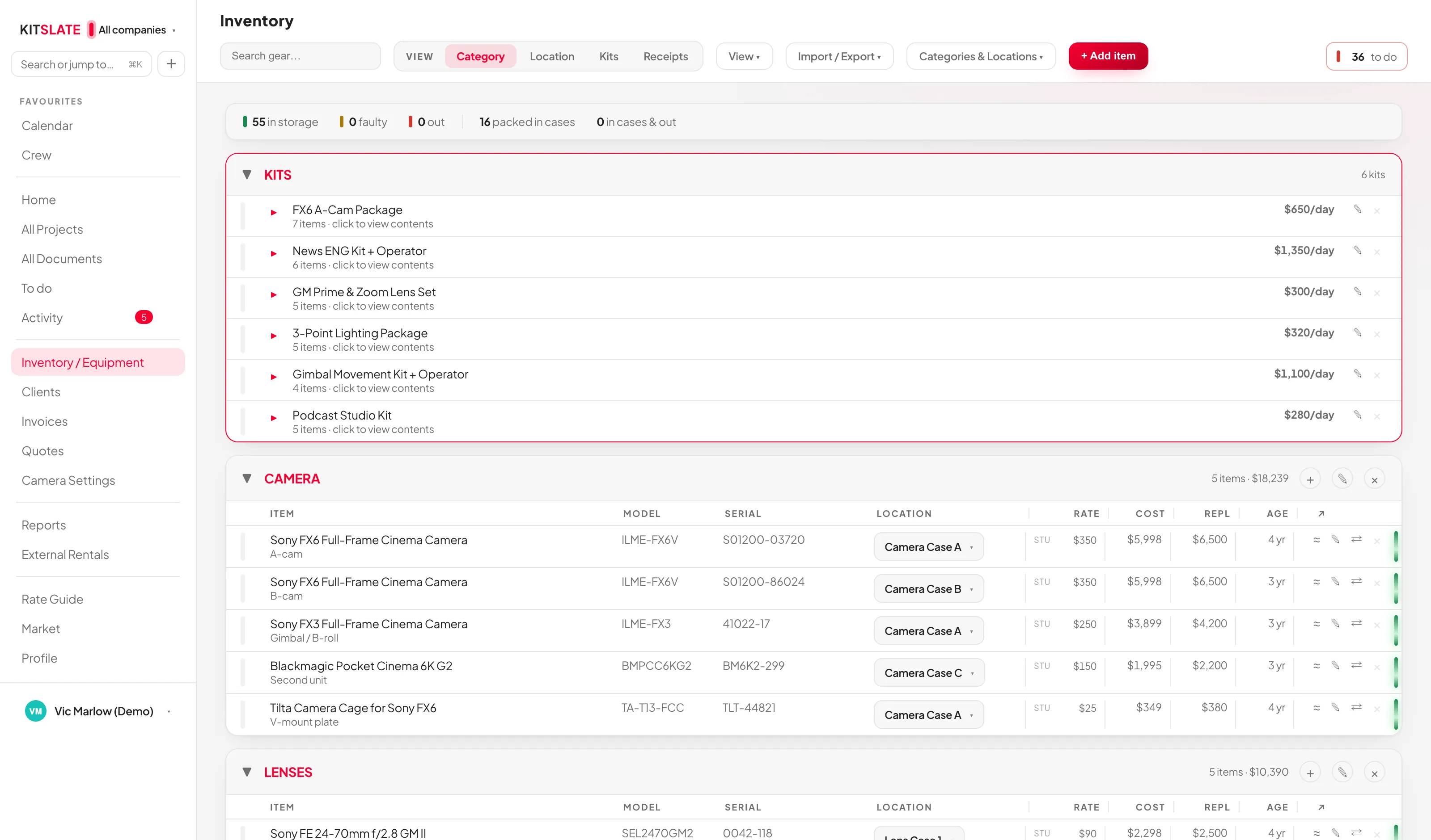 The KitSlate Inventory: a KITS card listing reusable packages with day rates, then category groups whose rows carry model, serial, location, rate, cost, replacement value, age and a status bar.