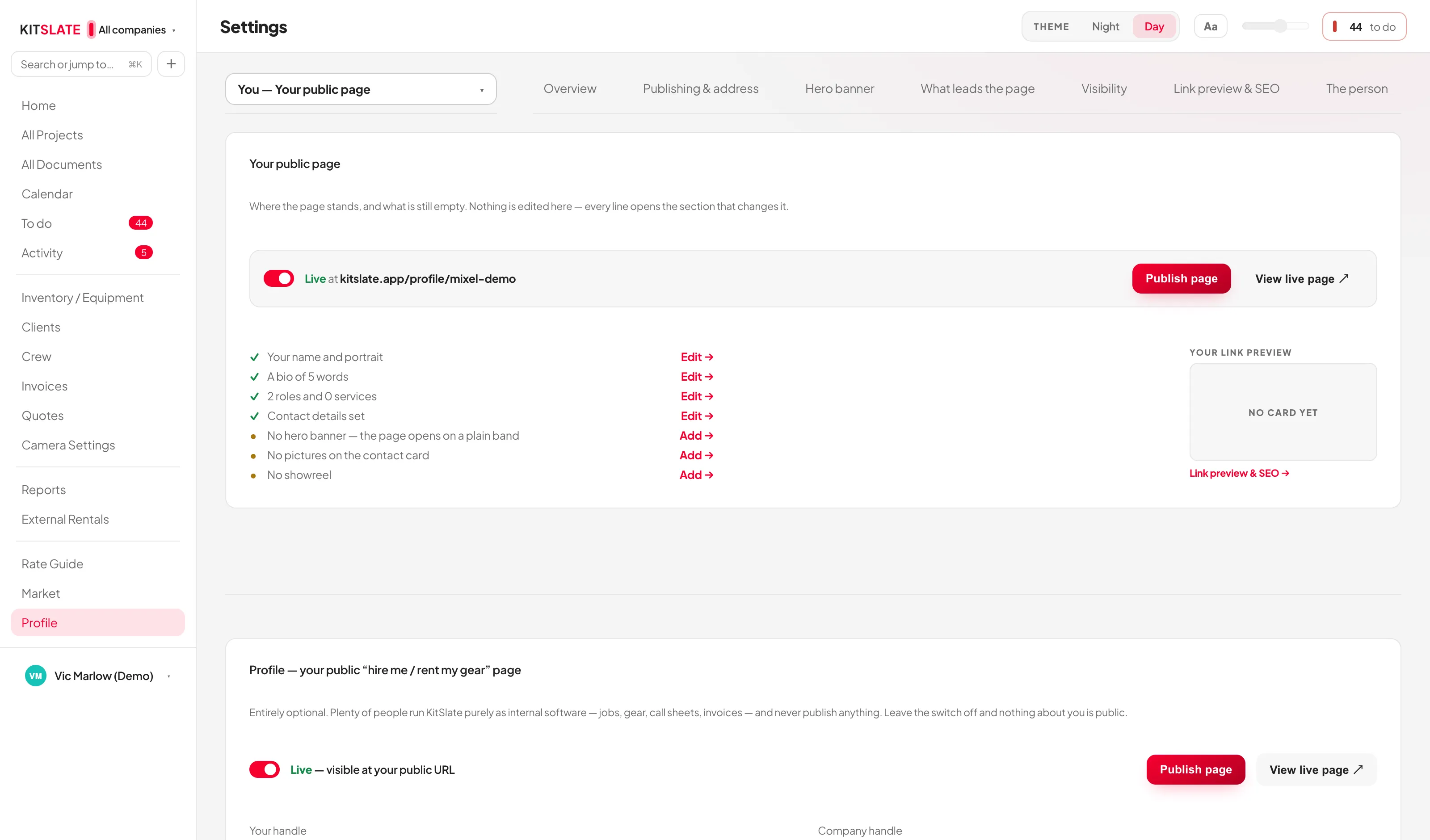 The Profile tab in Settings: the live toggle and Publish page button, Your handle and Company handle both locked after publishing with an Ask us to change it link, both web addresses listed with a LIVE badge on the published one, a Move it button, the link preview, and the picker for what leads the page.
