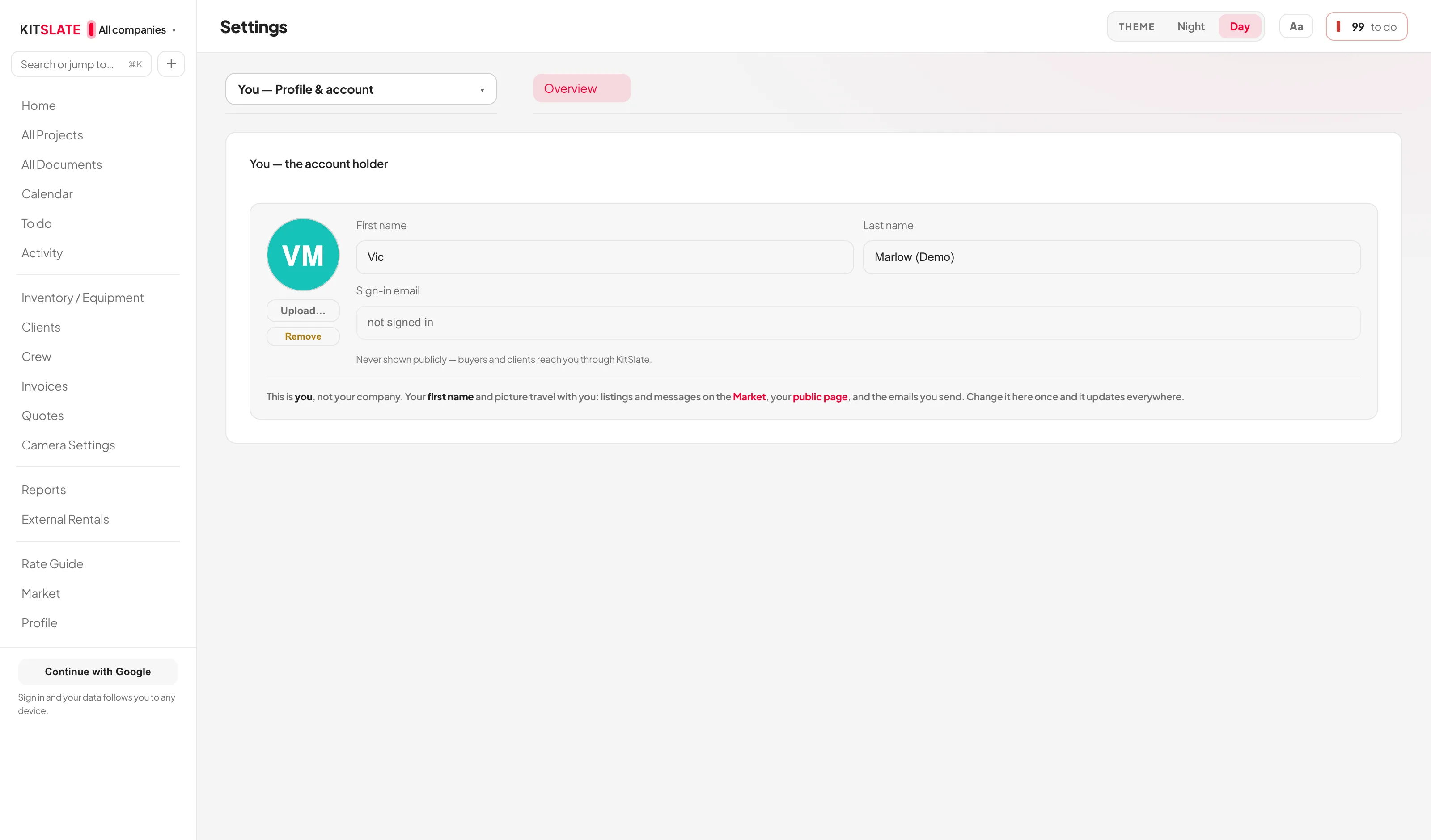 Settings, Profile and account: the account holder photo with upload and remove buttons, first and last name fields, and a read-only sign-in email.