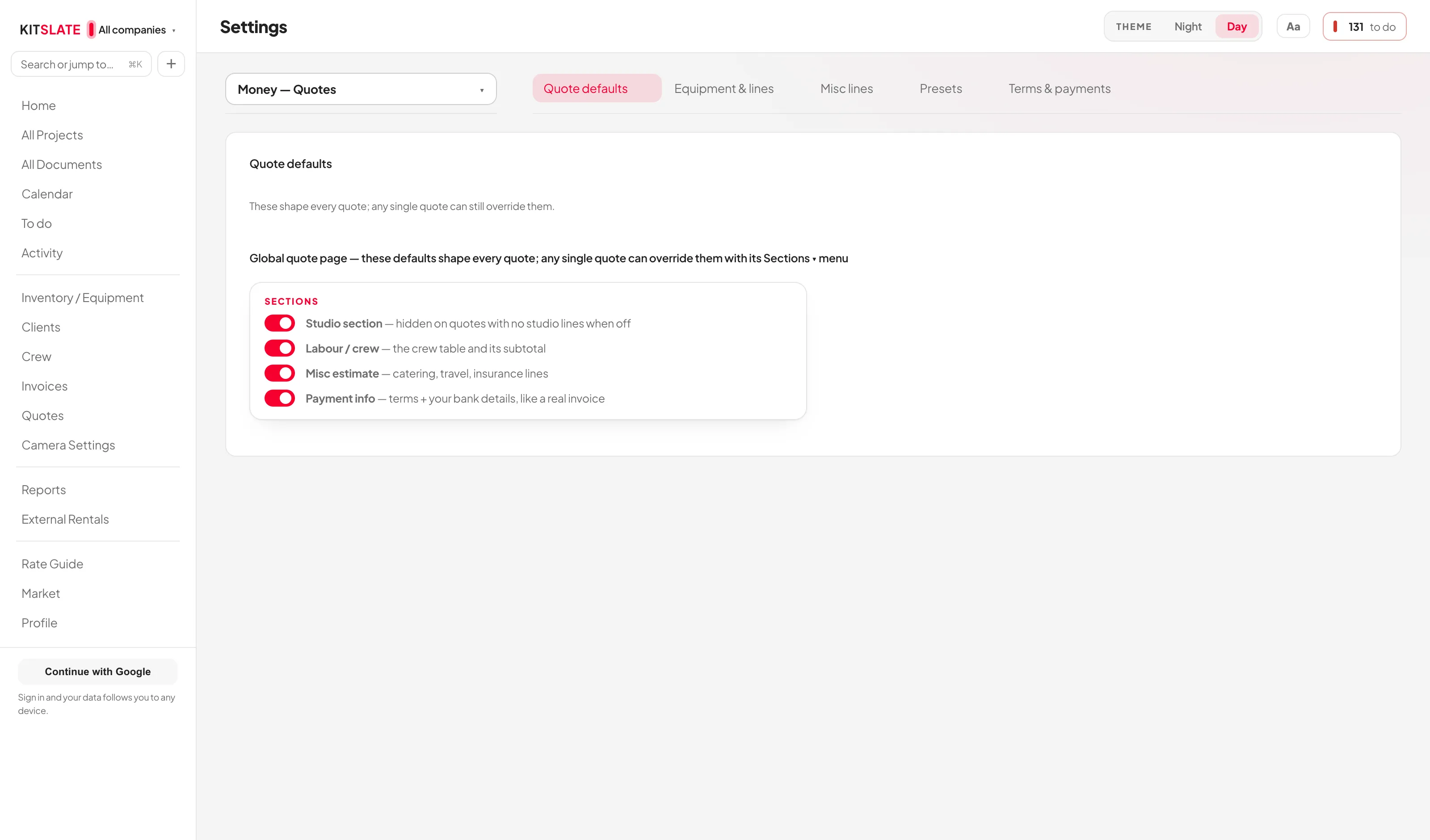 Settings, Quotes: the quote defaults section with its section toggles, beside the rail listing Quote defaults, Equipment and lines, Misc lines and Presets.
