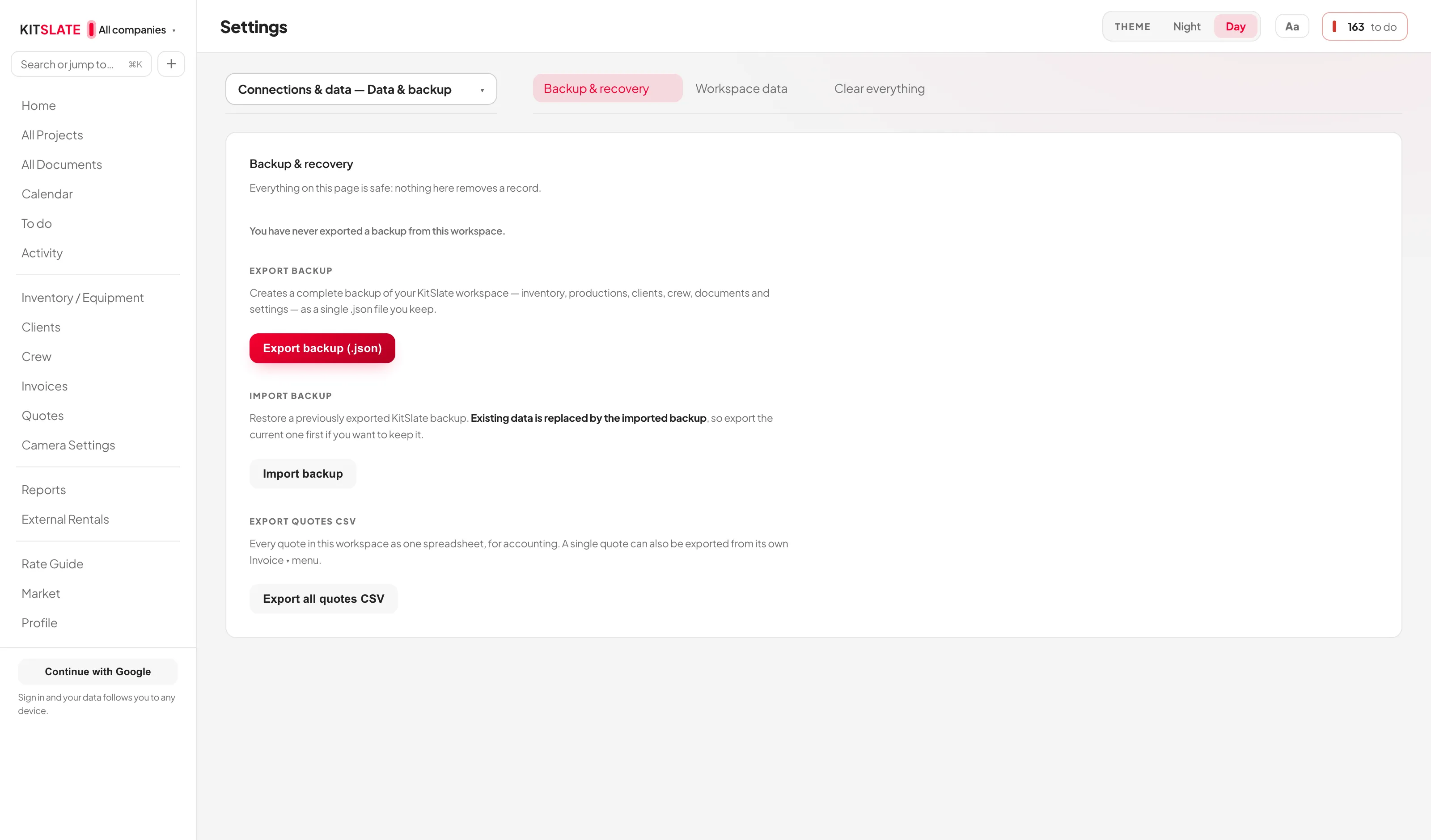 Settings, Data and backup: the Backup and recovery section with export backup, import backup, export quotes CSV and re-import uploaded files, beside a rail carrying Workspace data and Clear everything.
