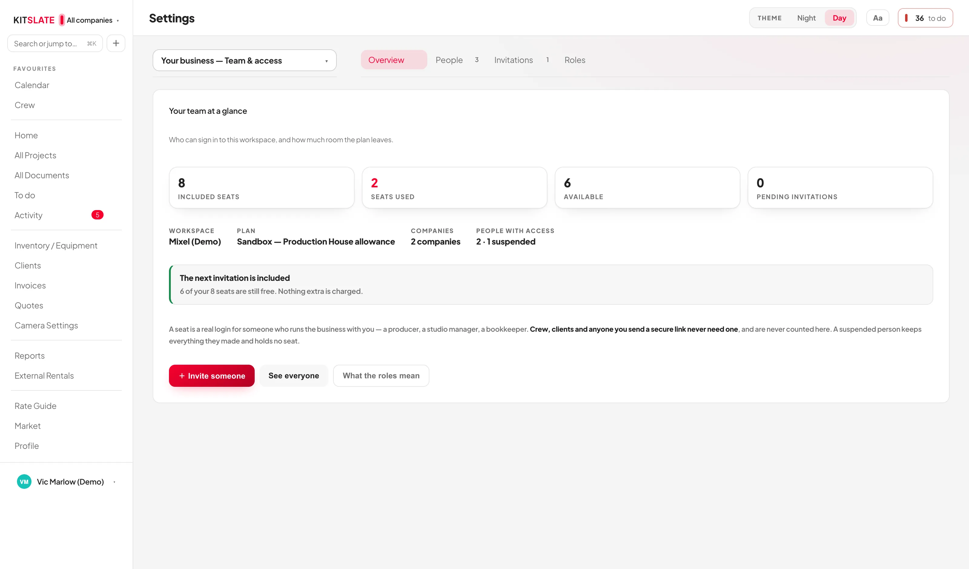 The Plan and subscription settings tab, showing the current plan line, the plan cards and seat and permission controls.