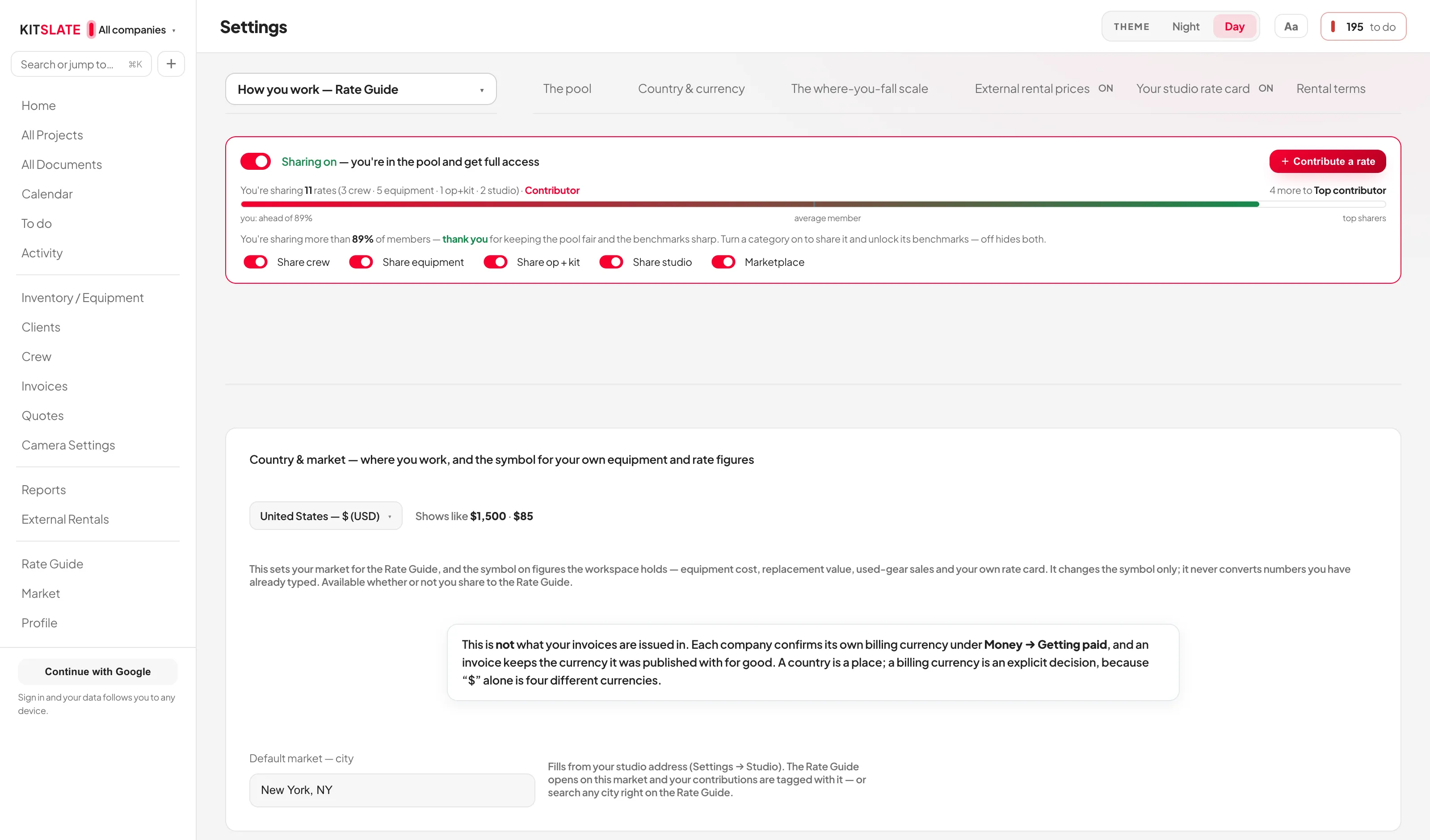 The Rate Guide settings tab showing the sharing master toggle, five per-category toggles, country and market selection and rental term options.