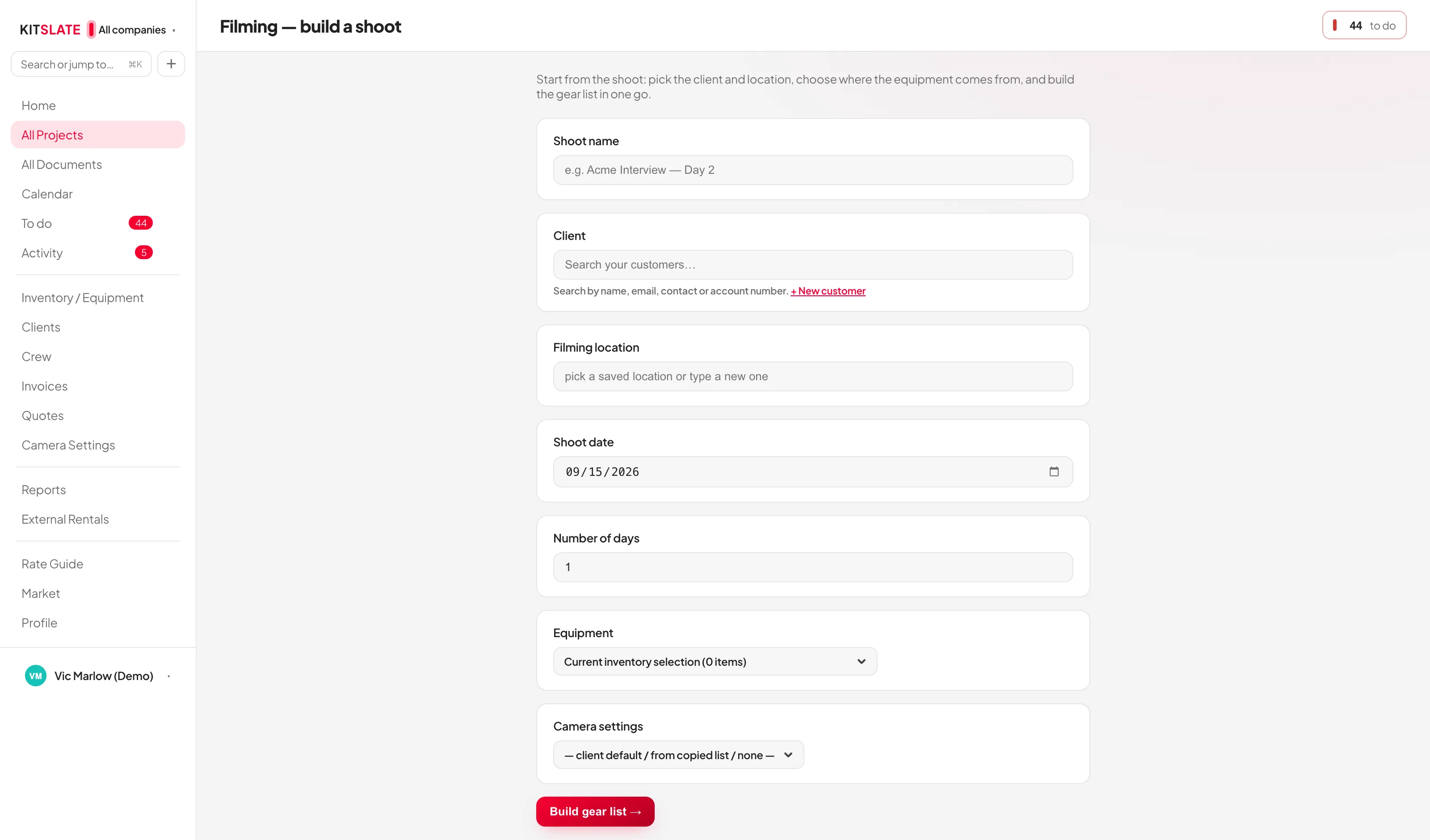 The quick gear list wizard: a single form with job name, client, date, days and an equipment source choice of current selection, a kit, or a copy of a past gear list.