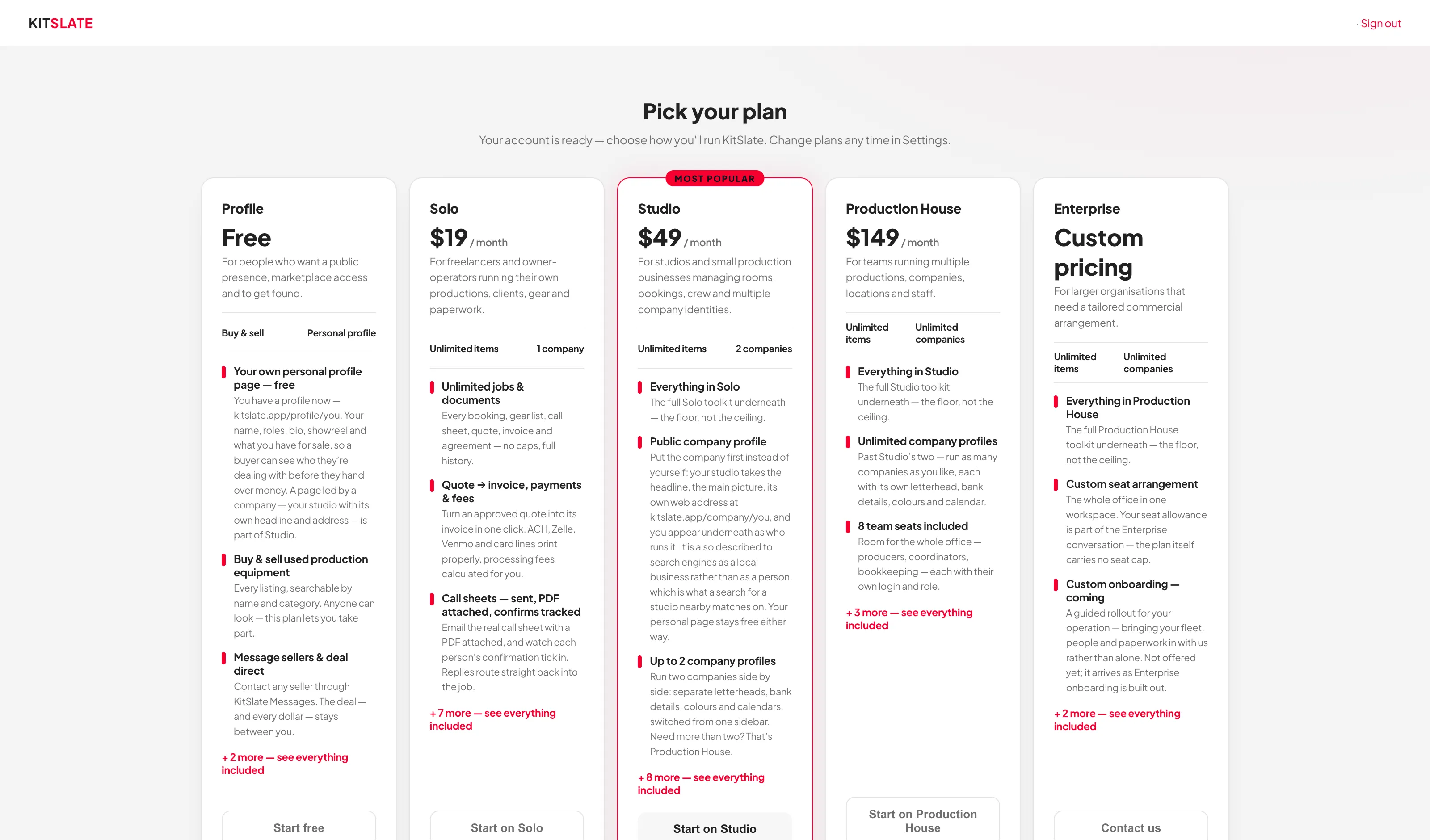 The plan picker showing five plan cards — free Profile, Solo, Studio and Production House with monthly prices, and Enterprise with custom pricing and a Contact us button.