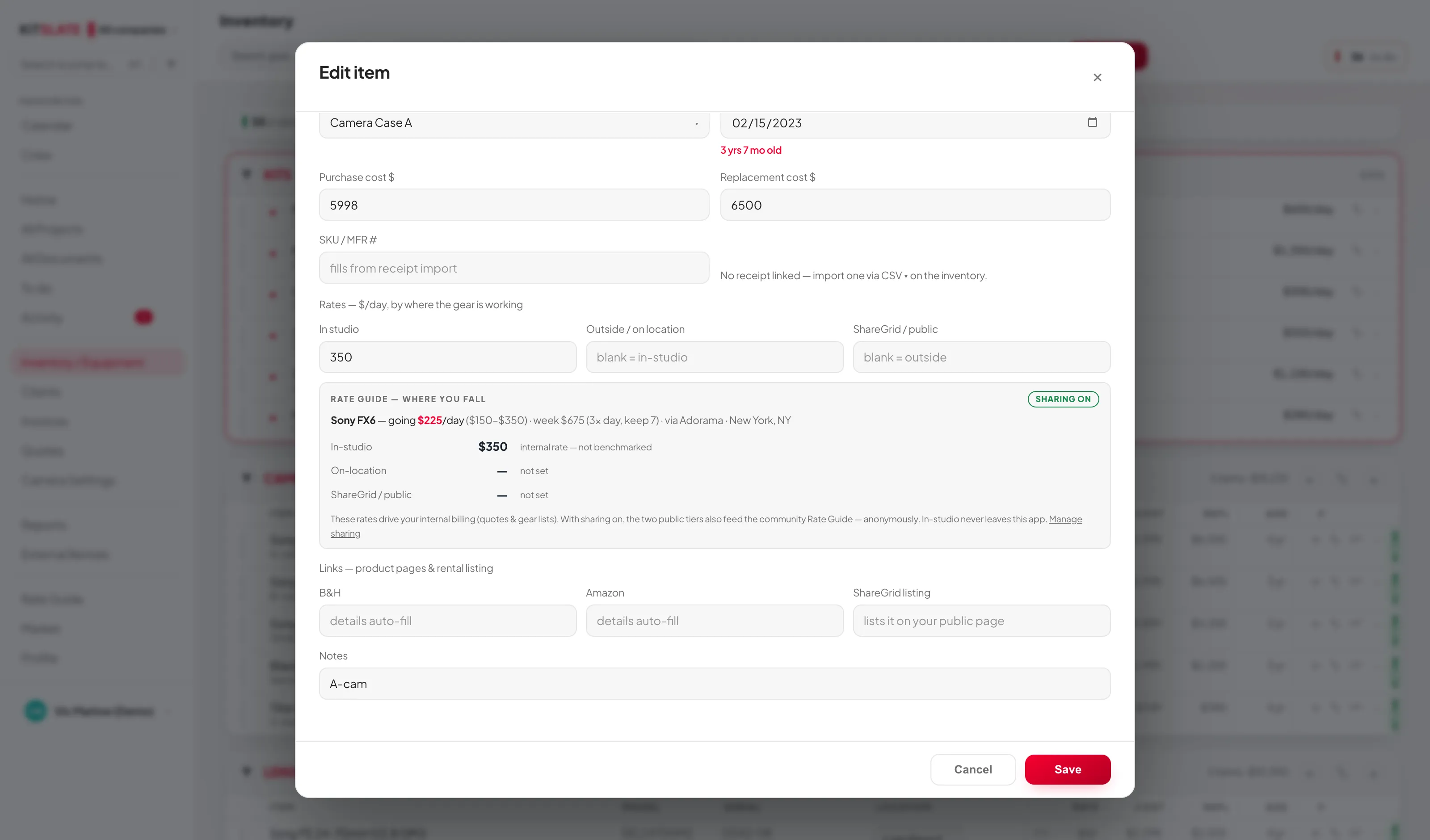 The lower half of the KitSlate item editor: location and date purchased with the age worked out beside it, purchase and replacement cost side by side, SKU, the three day-rate boxes for in-studio, on-location and public, a Rate Guide panel showing where this camera's rate falls against the community band, product links and notes.