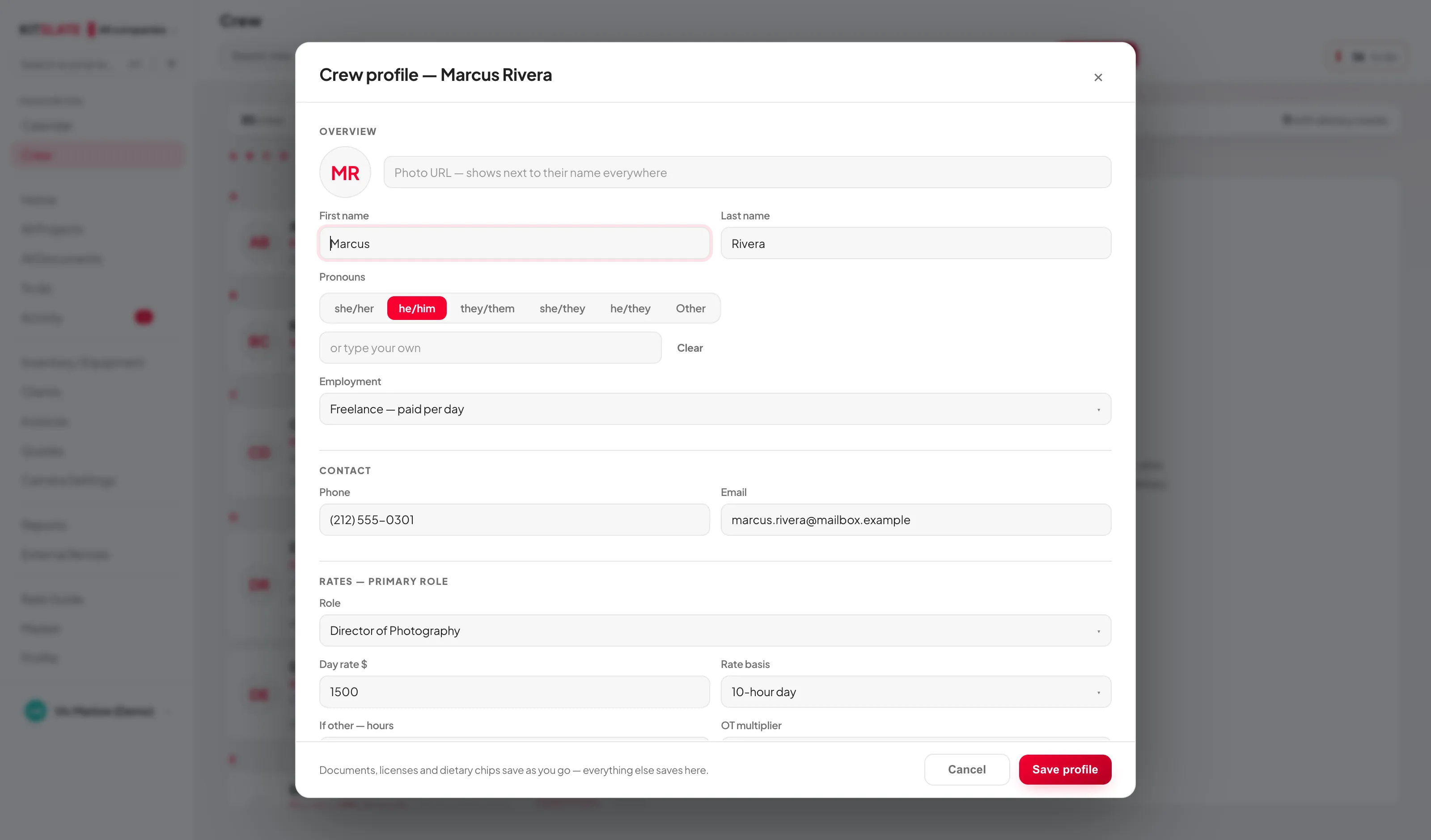 The crew profile editor as a standard modal with a pinned title bar, fields in two columns grouped into overview, contact, rates, tax and paperwork, address, dietary and notes sections, and Cancel and Save profile pinned along the bottom.