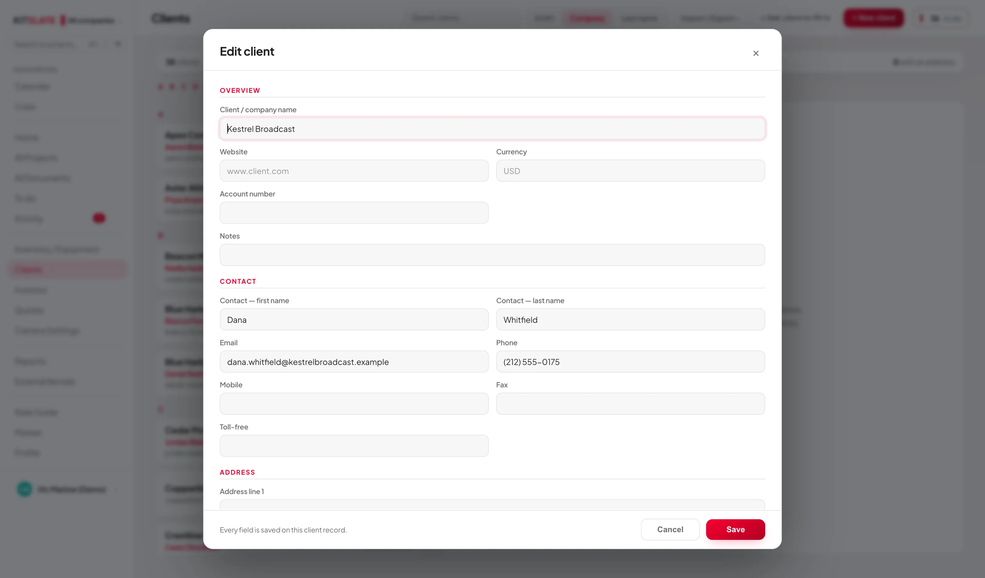 The client editor as a standard modal with a pinned title bar, two columns of fields grouped into overview, contact and address sections, and Cancel and Save pinned along the bottom.