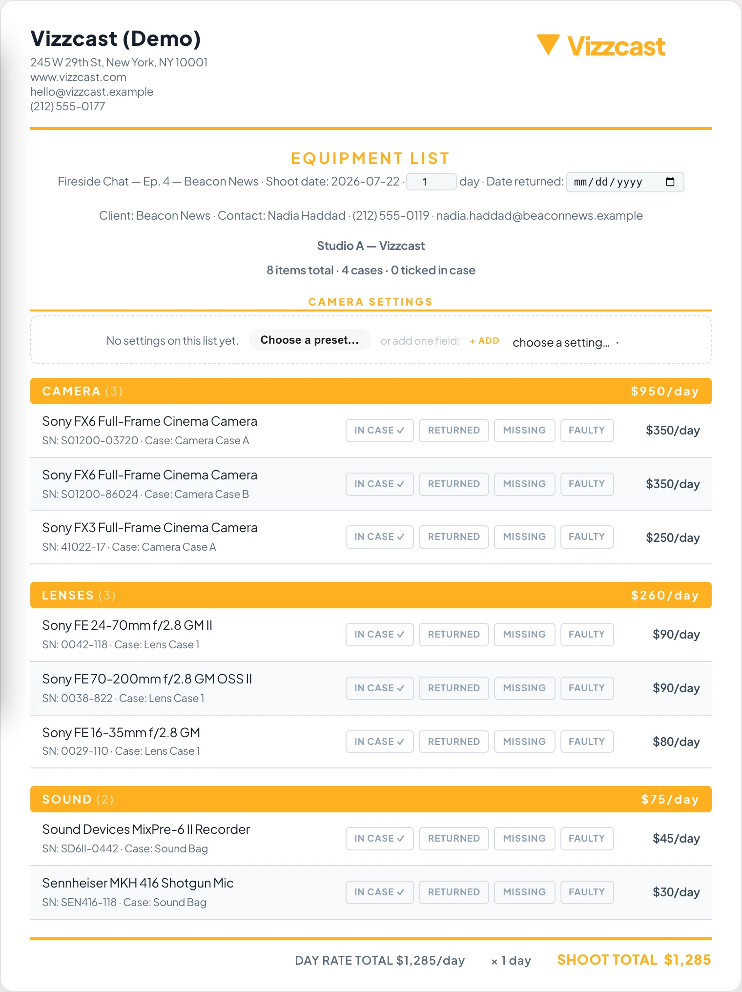 A printed equipment list on white paper with company letterhead, camera settings block, and items grouped by category with serials and cases.
