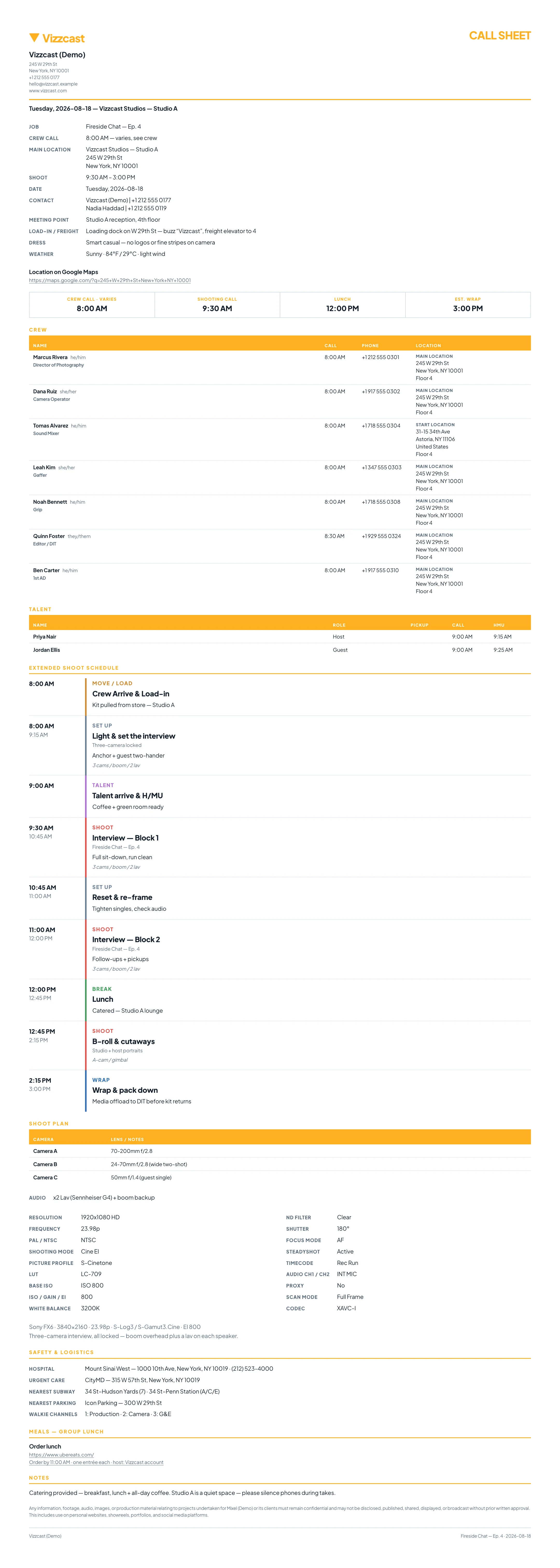 A printed call sheet: letterhead, the header facts (job, crew call, main location, shoot, date, contact, meeting point), key times, the crew table with Own start and Main location leads where starts differ, the schedule, shoot plan and safety information.