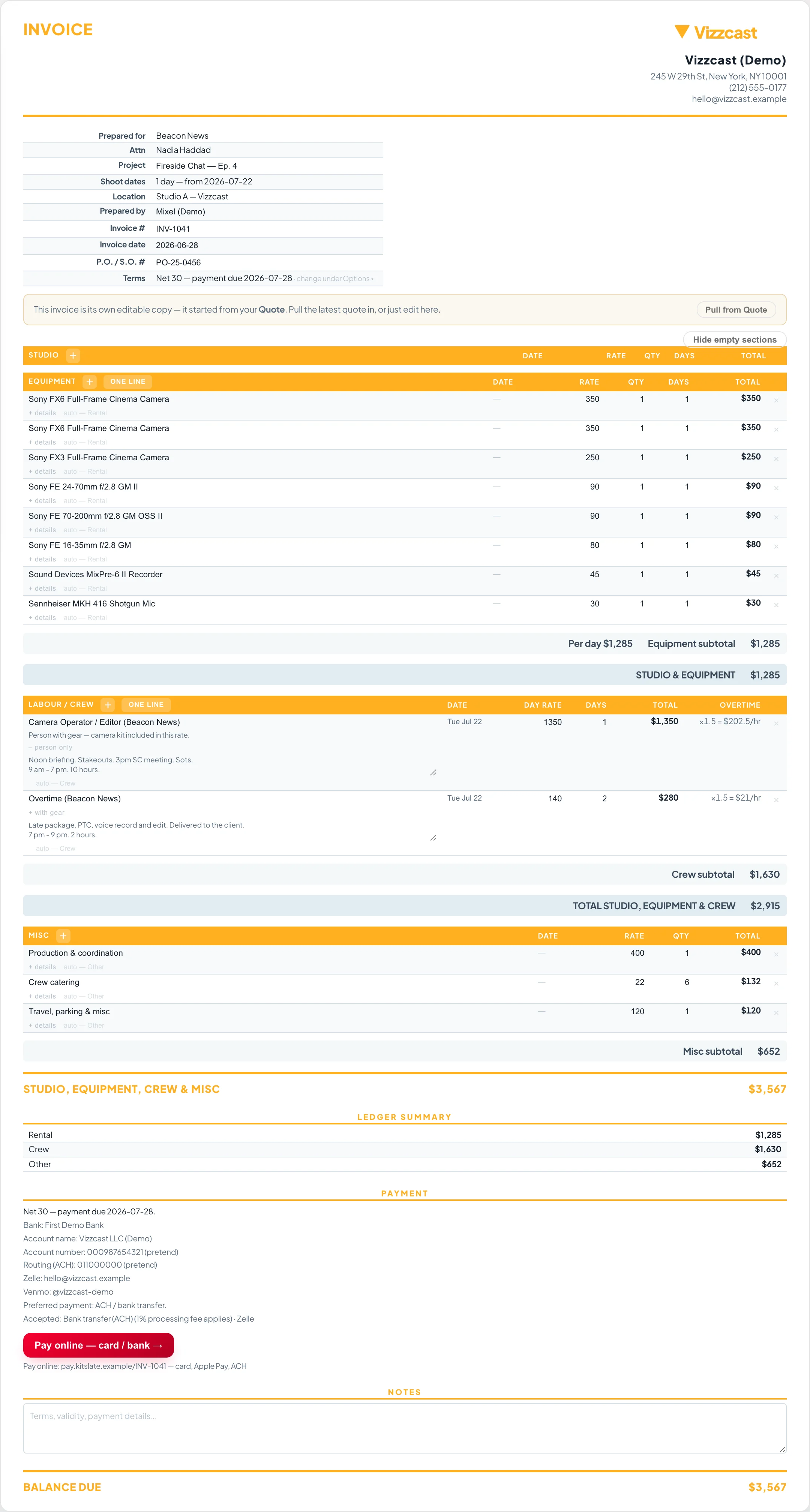 A printed invoice with letterhead, invoice number and terms, itemised lines, payment details and balance due.