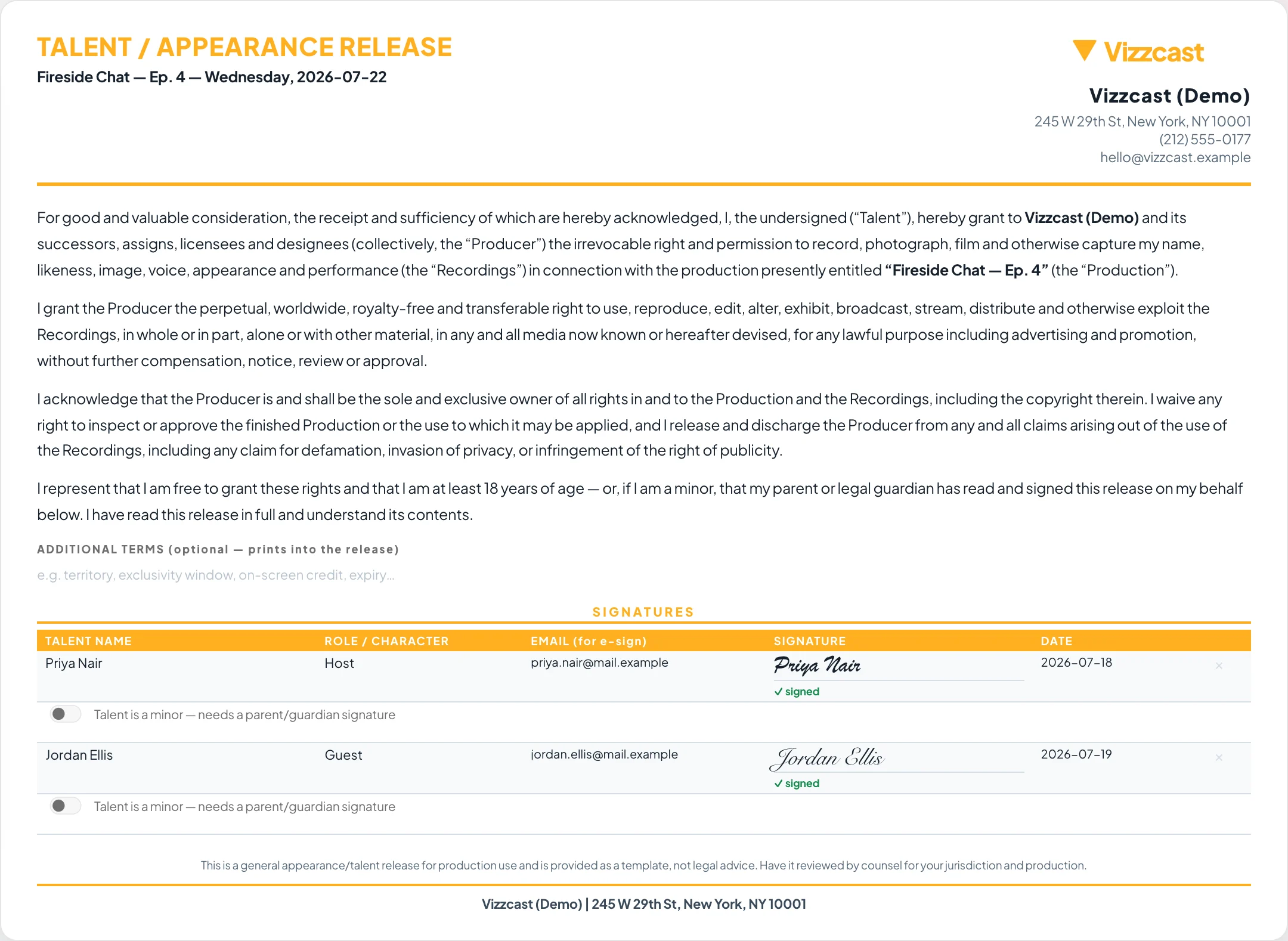 A printed talent appearance release with the agreement body and a signature table.