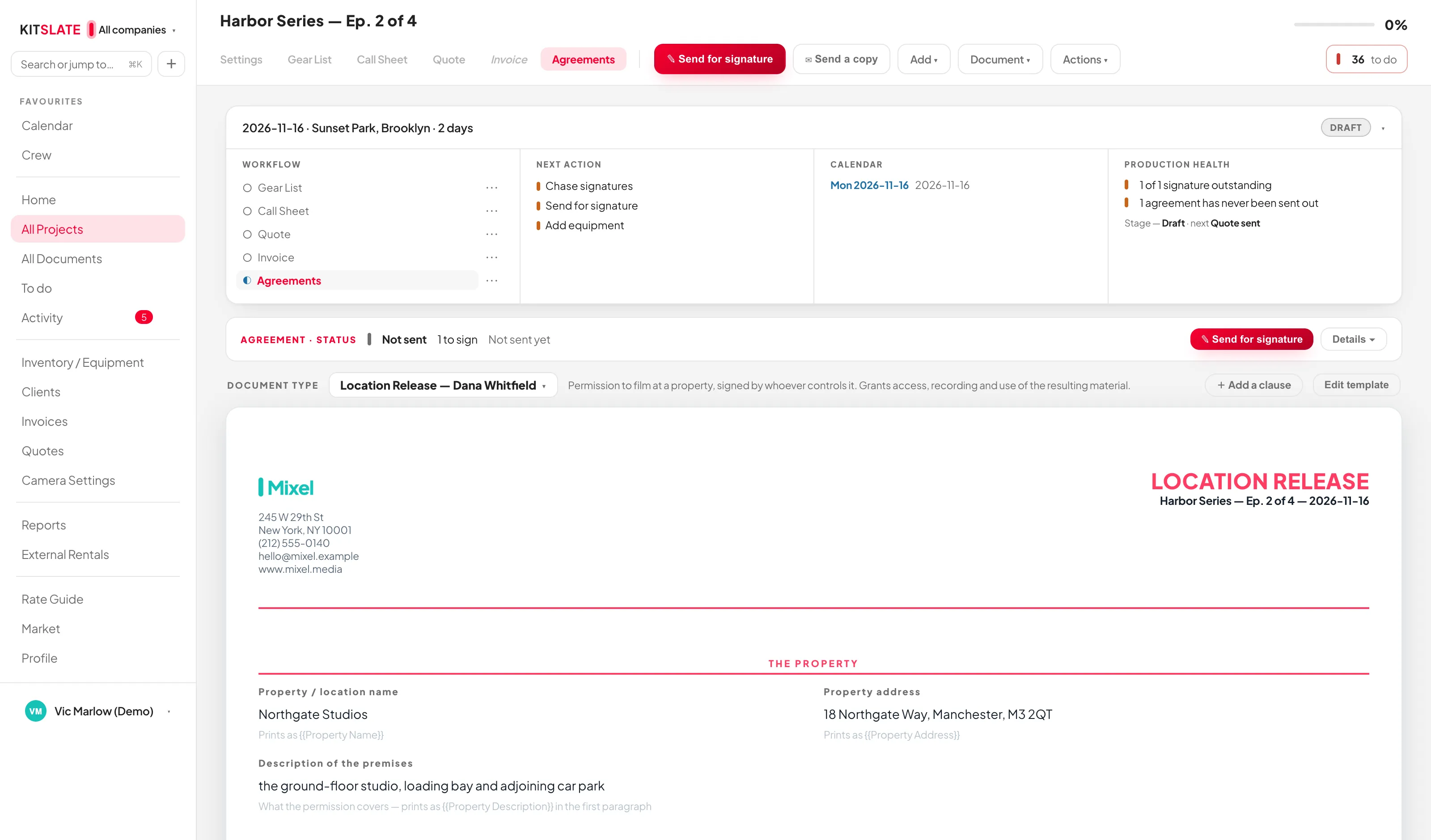A Location Release on a production: the DOCUMENT TYPE bar reading Location Release, a THE PROPERTY block with the location name, address and description of the premises, and the first paragraph of the agreement below with those values merged into it.