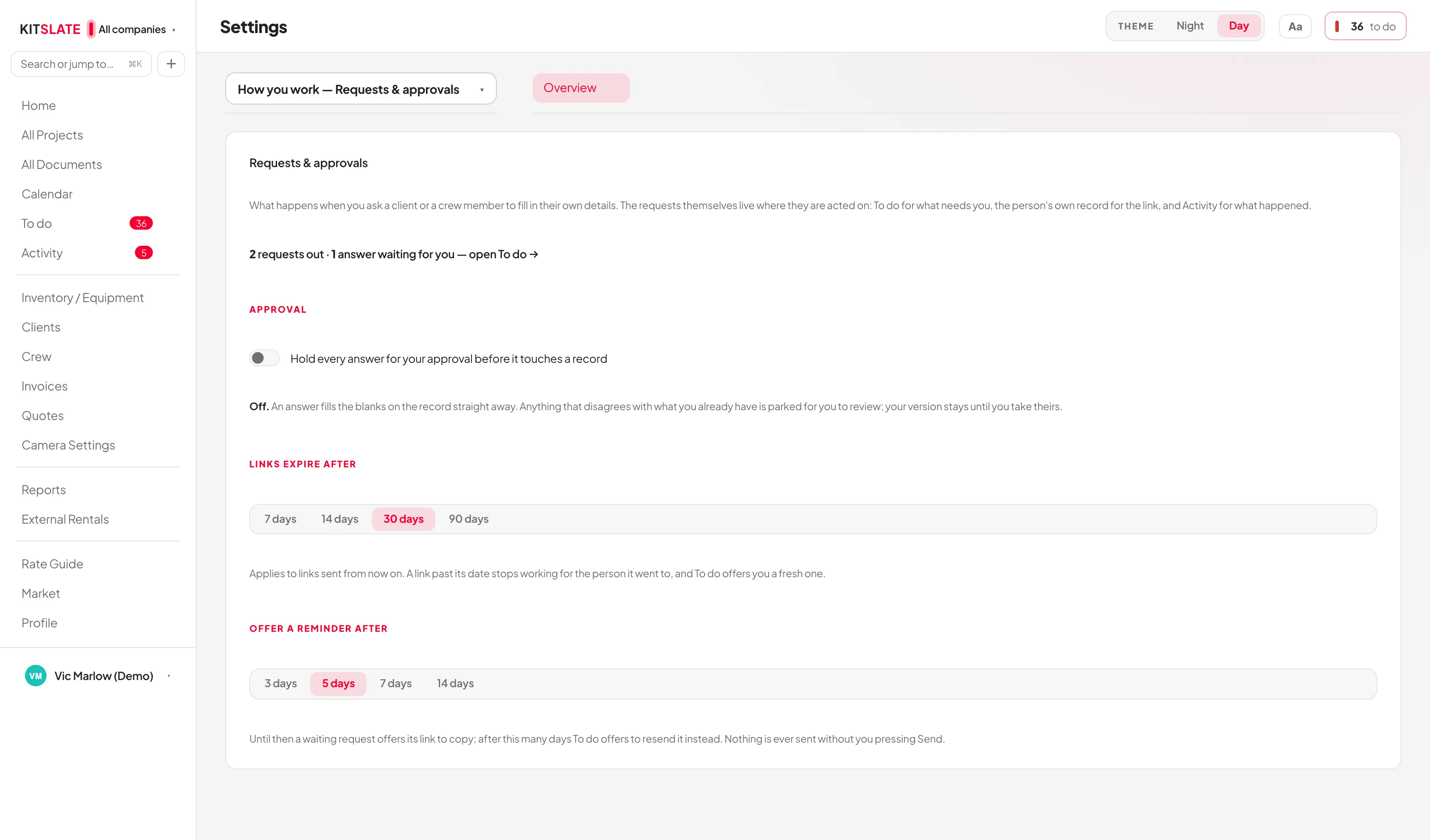 The Requests & approvals settings page: a line reading 2 requests out · 1 answer waiting for you — open To do, an APPROVAL switch labelled Hold every answer for your approval before it touches a record, LINKS EXPIRE AFTER with 7, 14, 30 and 90 days, and OFFER A REMINDER AFTER with 3, 5, 7 and 14 days.