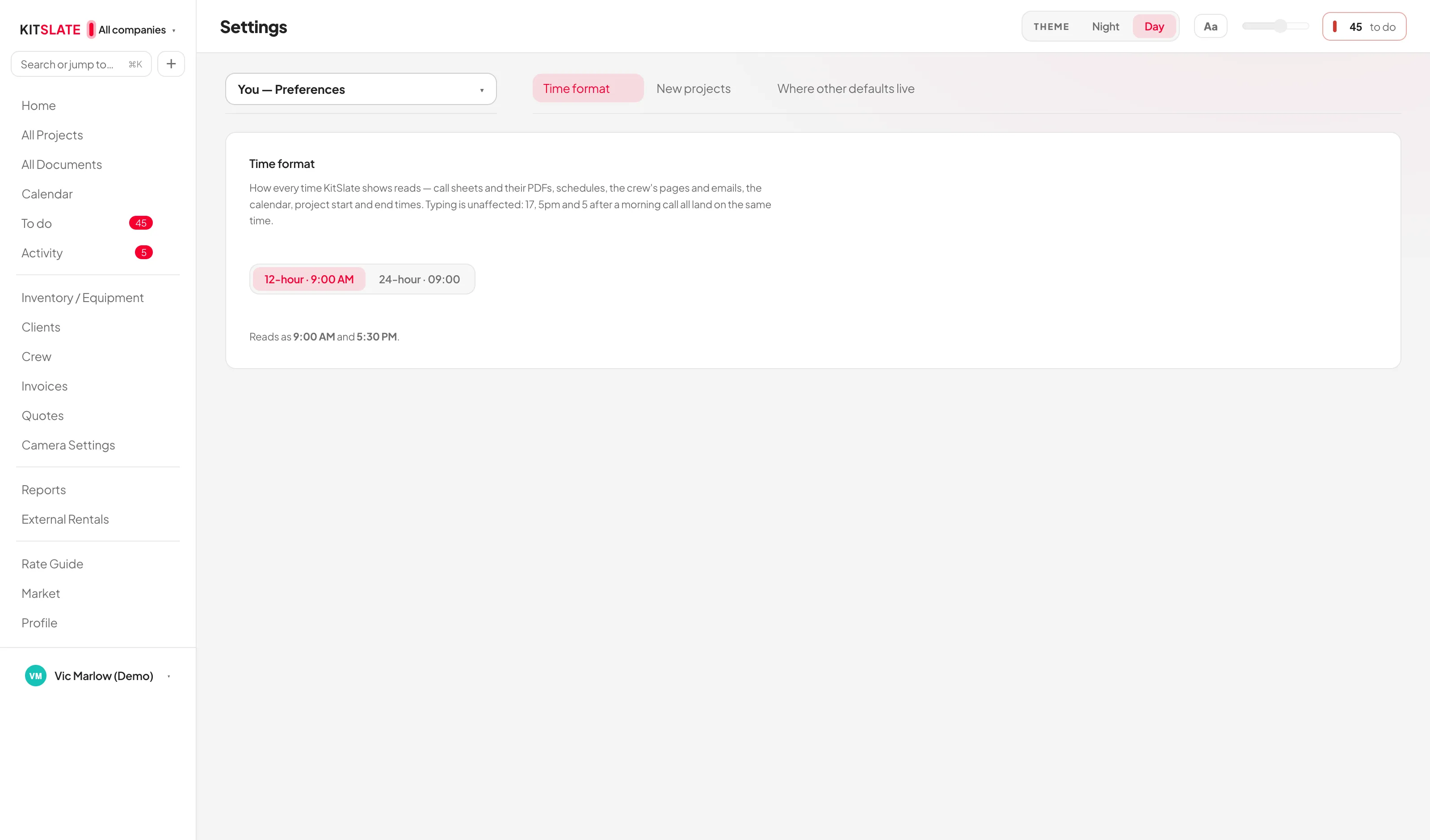Settings, Preferences: the Time format section with a 12-hour / 24-hour switch and a line reading how 9:00 AM and 5:30 PM will read, beside the section row of Time format, New projects and Where other defaults live.