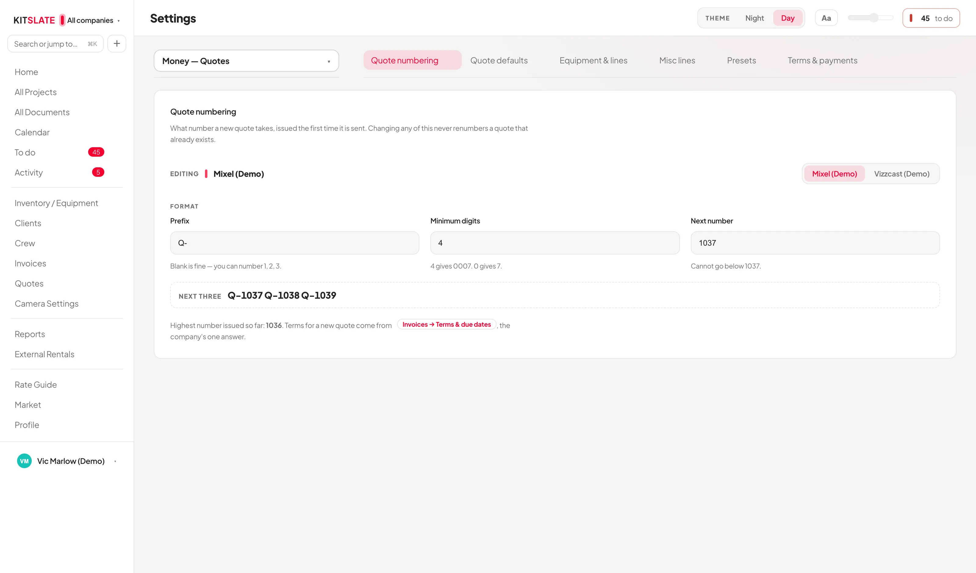 Settings, Quotes, Quote numbering: a company chooser, then Prefix, Minimum digits and Next number fields, a Next three preview reading Q-1037 Q-1038 Q-1039, and the highest number issued so far.